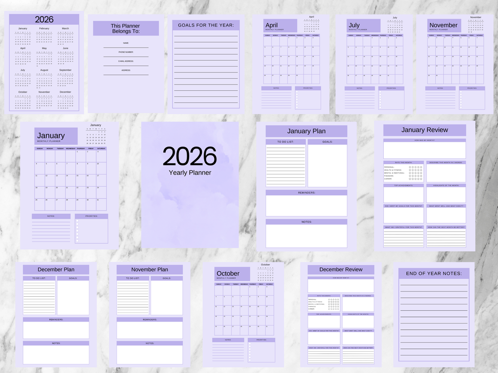 2026 yearly planner with monthly and weekly schedules on a white background