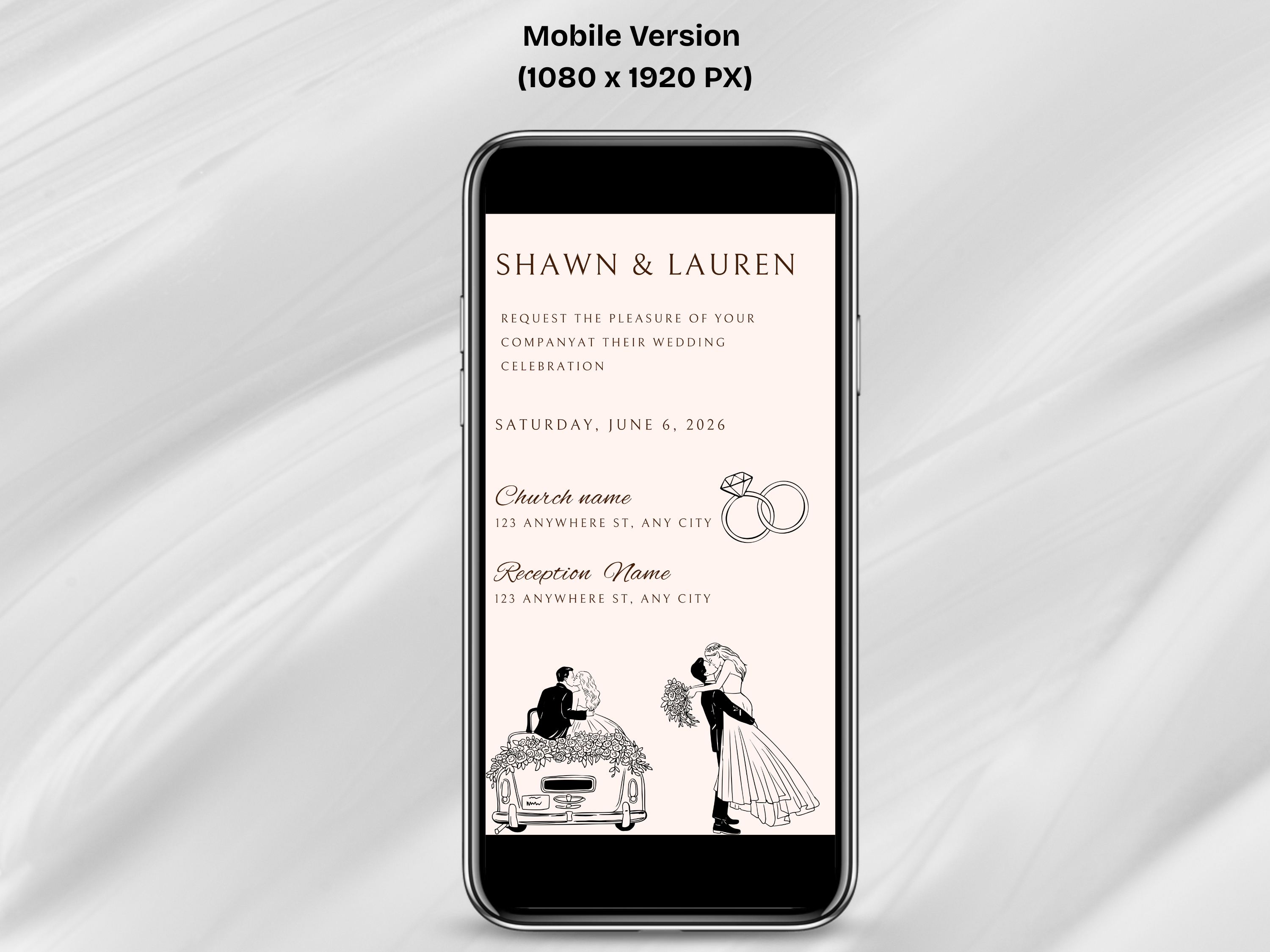 Phone displaying a wedding invitation with a couple and rings on a white background