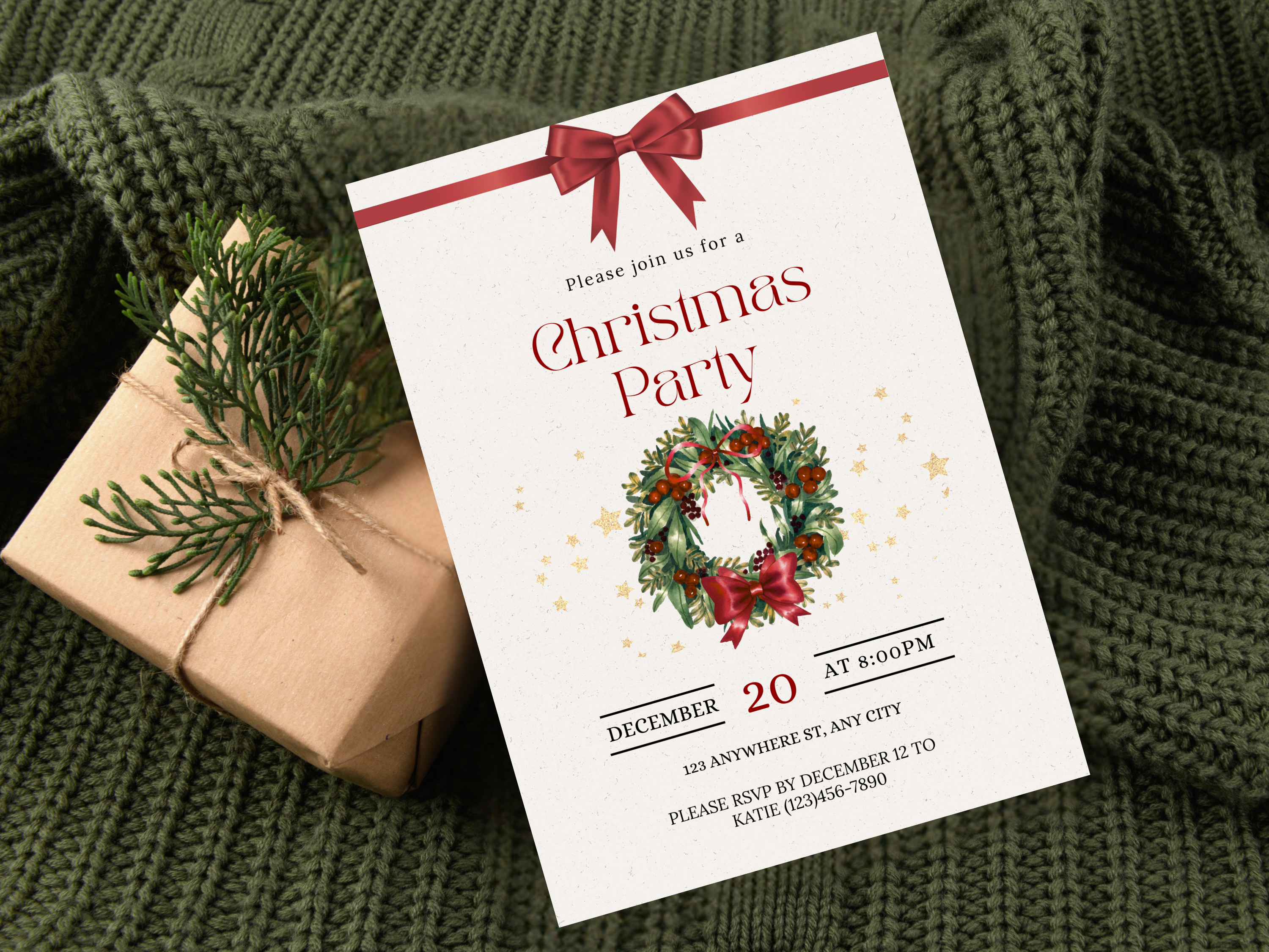 Christmas party invitation with a wreath design on a green textured background