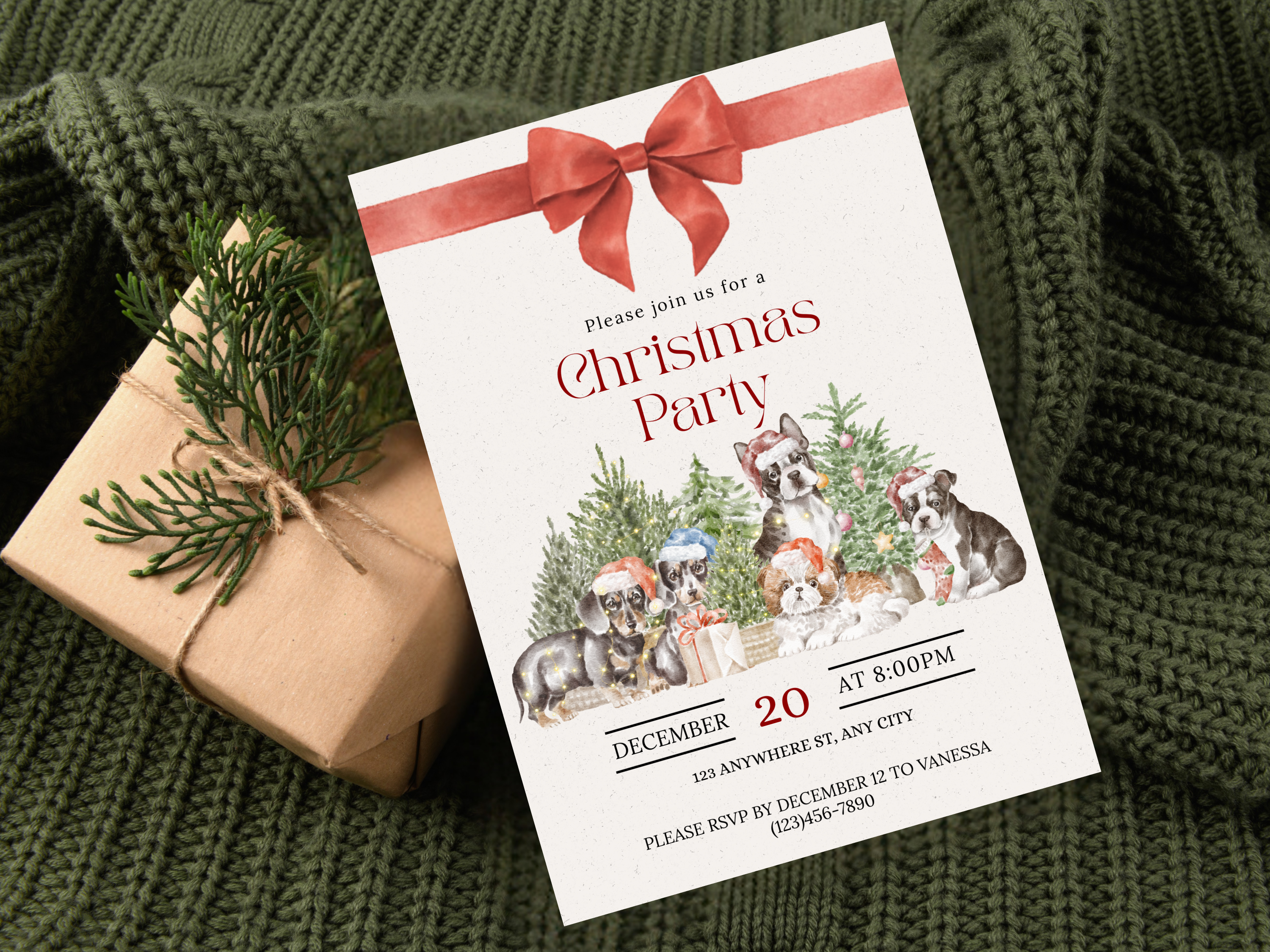 Christmas party invitation with dogs and a bow on a green textured background