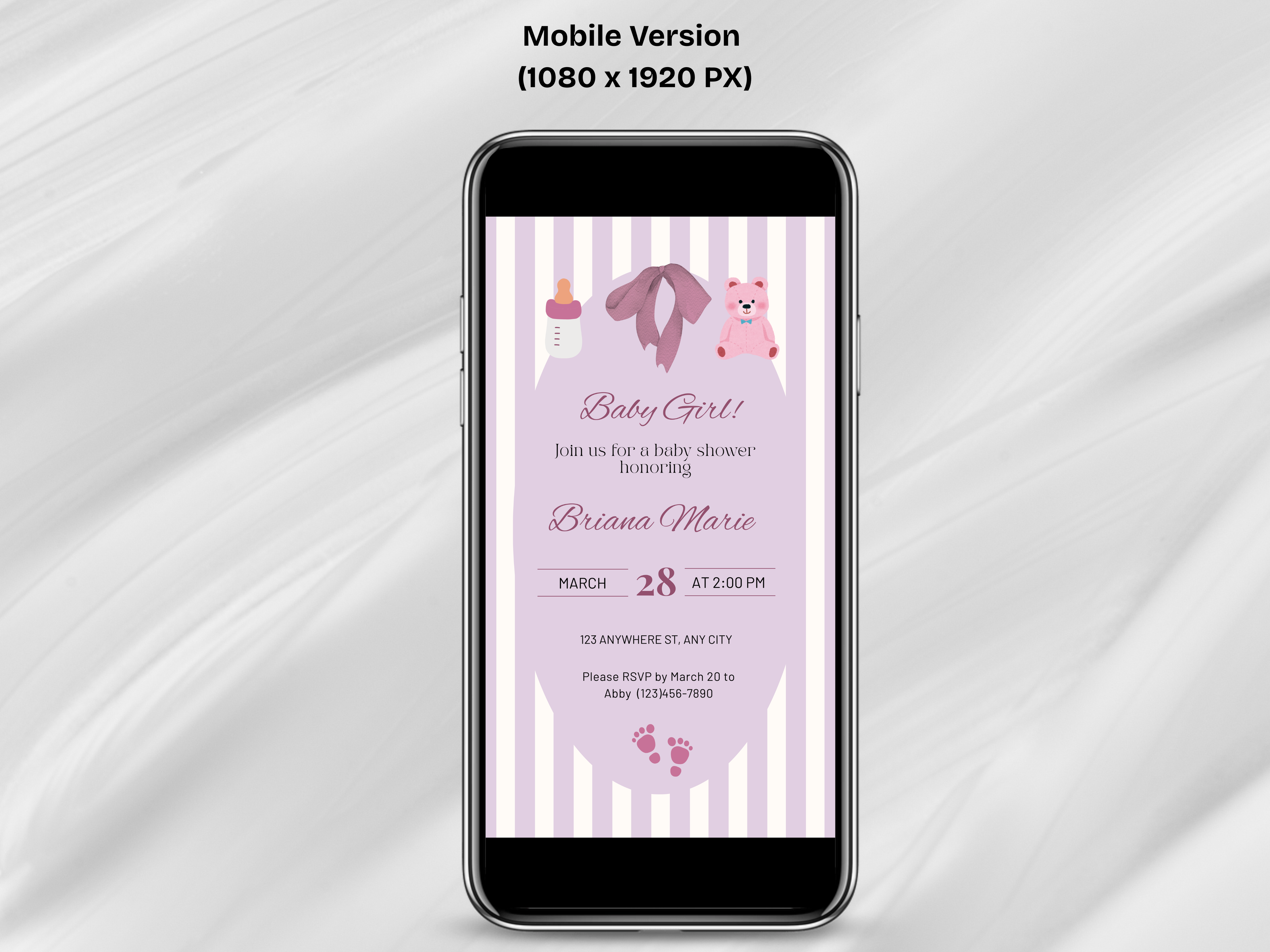Smartphone displaying a baby shower invitation on a white background