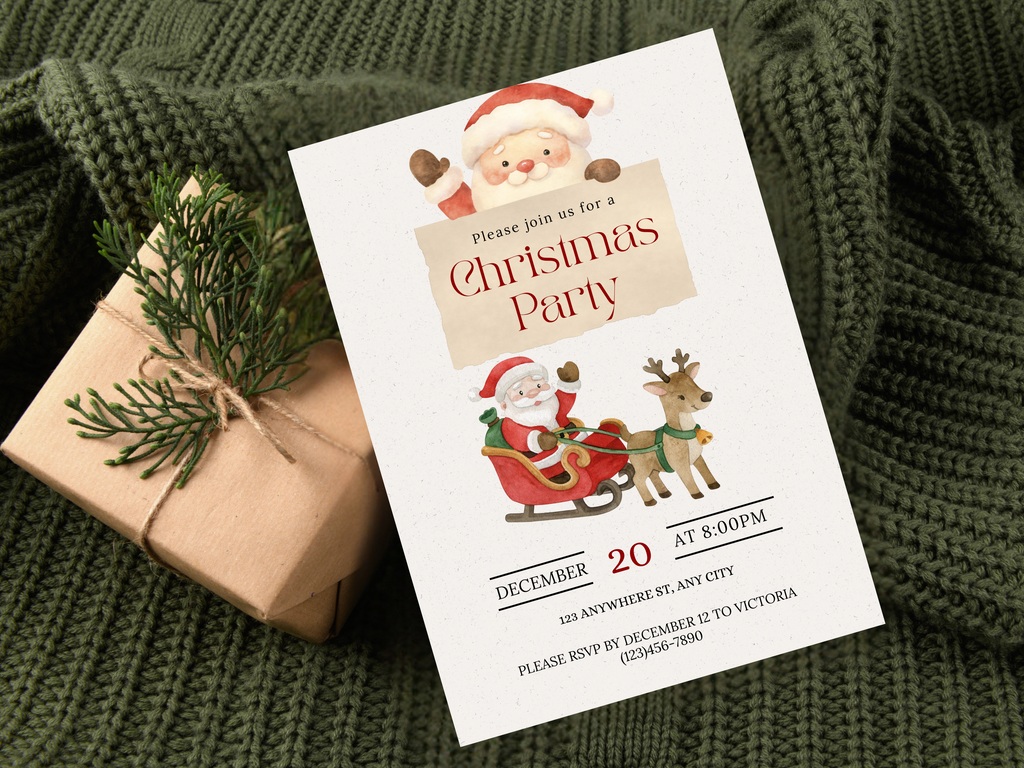 Christmas party invitation with Santa Claus and reindeer on a green textured background