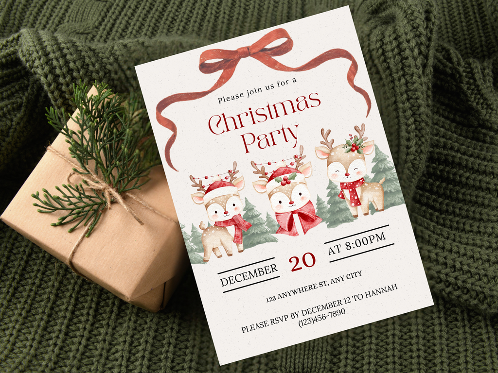 Christmas party invitation with reindeer design on a green textured background