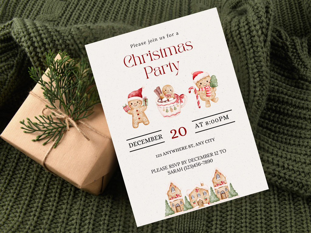 Christmas party invitation with decorative elements on a green textured background