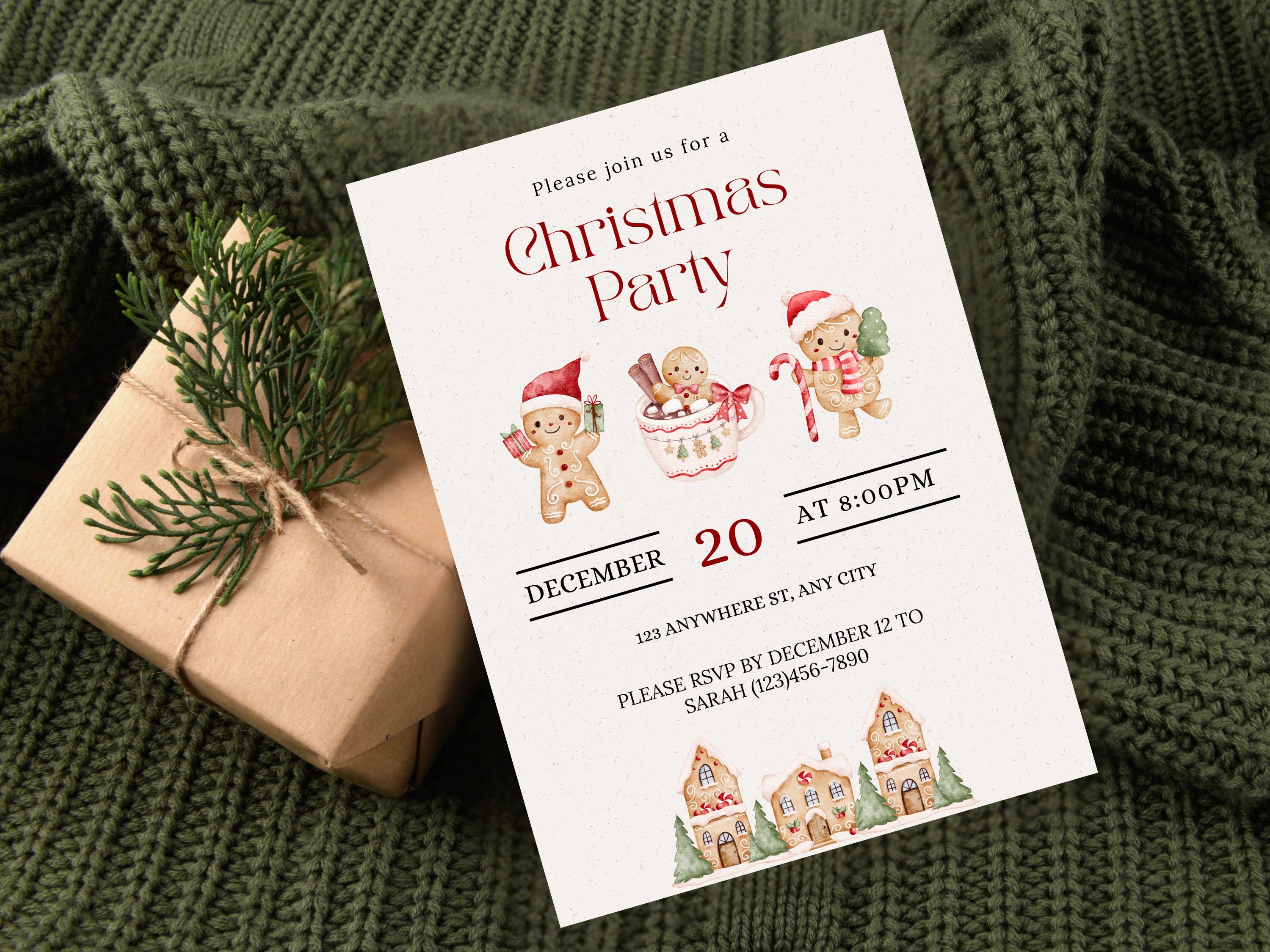 Christmas party invitation with decorative elements on a green textured background