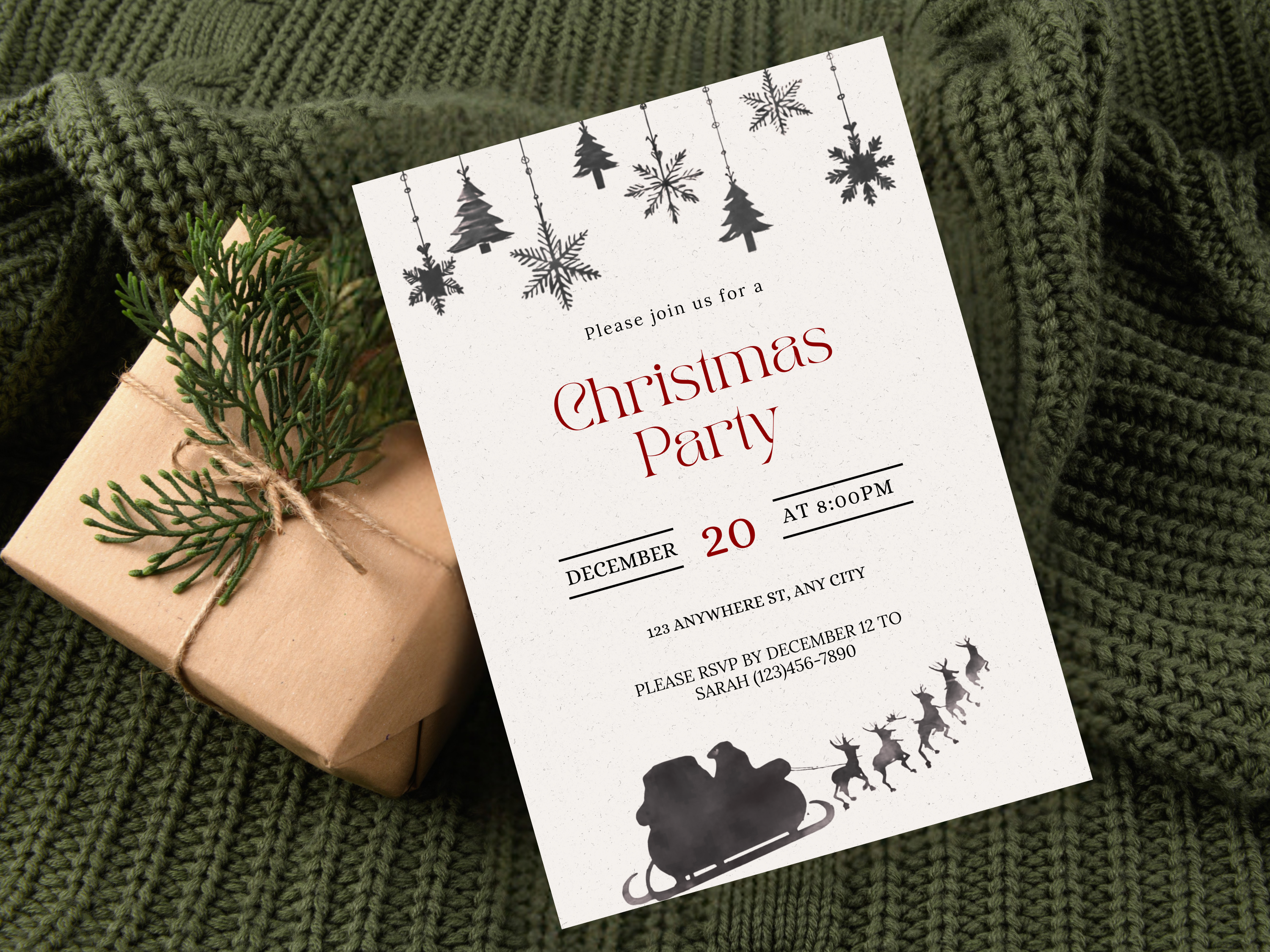Christmas party invitation with decorative elements on a green textured background