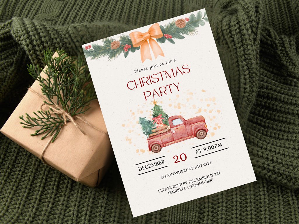 Christmas party invitation with a red truck and gift box on a green textured background