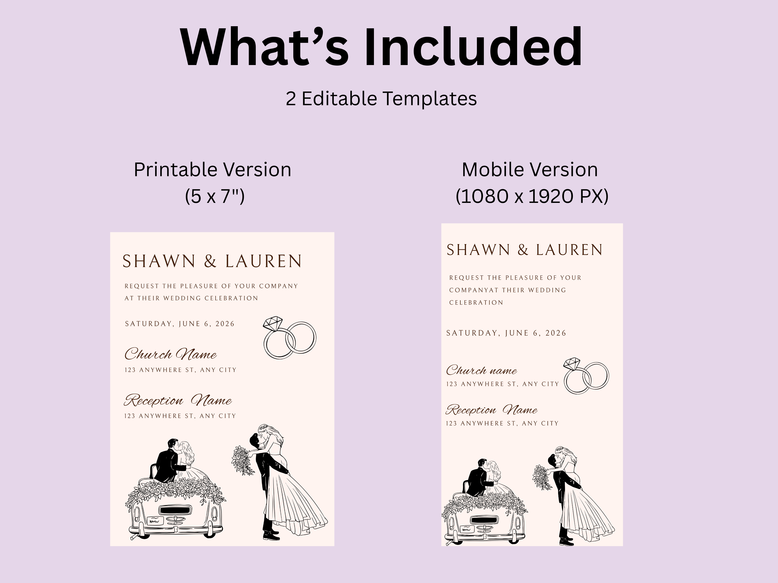 Wedding invitation templates with 'Shawn & Lauren' text on a light purple background.