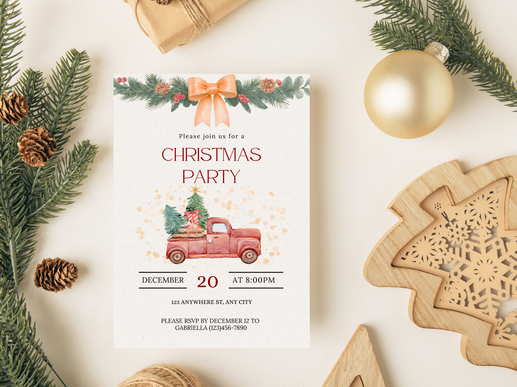 Christmas party invitation with a red truck and tree design, surrounded by festive decorations on a white surface.
