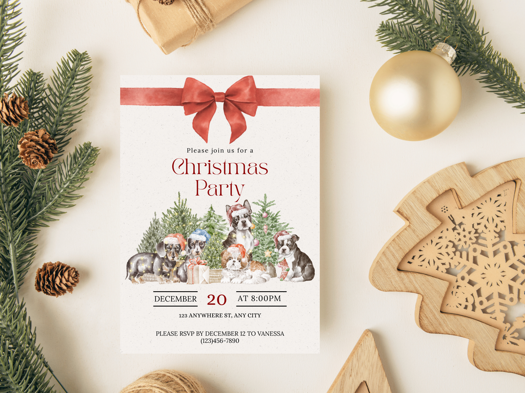 Christmas party invitation with decorative elements on a white surface