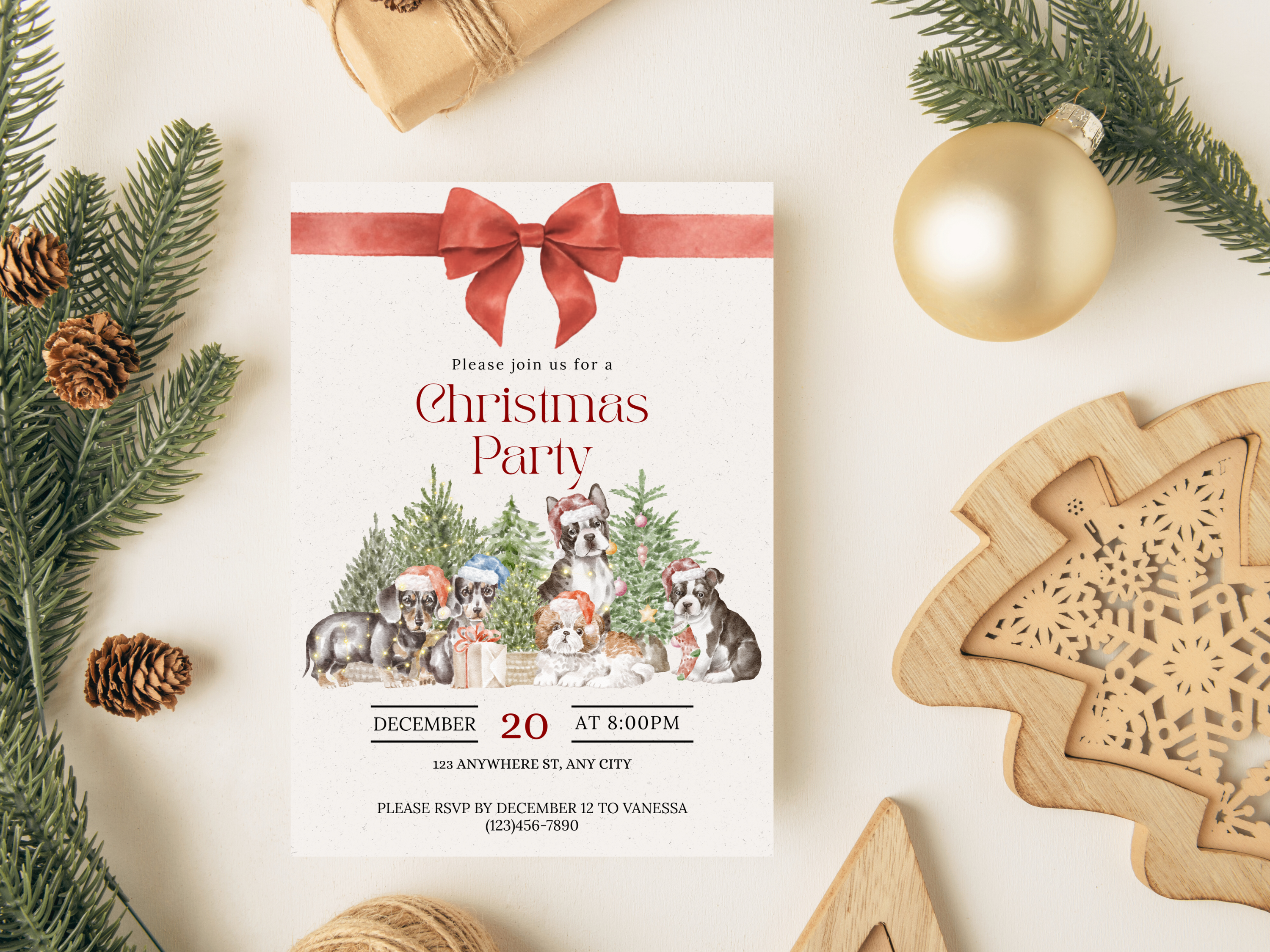 Christmas party invitation with decorative elements on a white surface