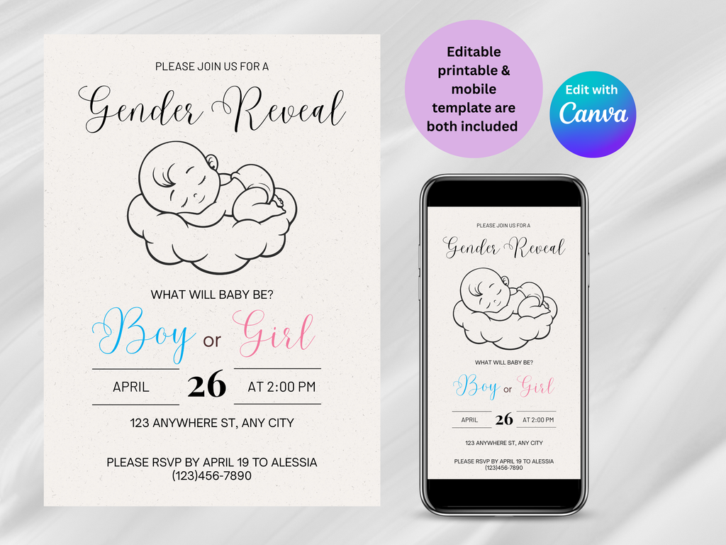 gender reveal invitation printable and on a mobile device