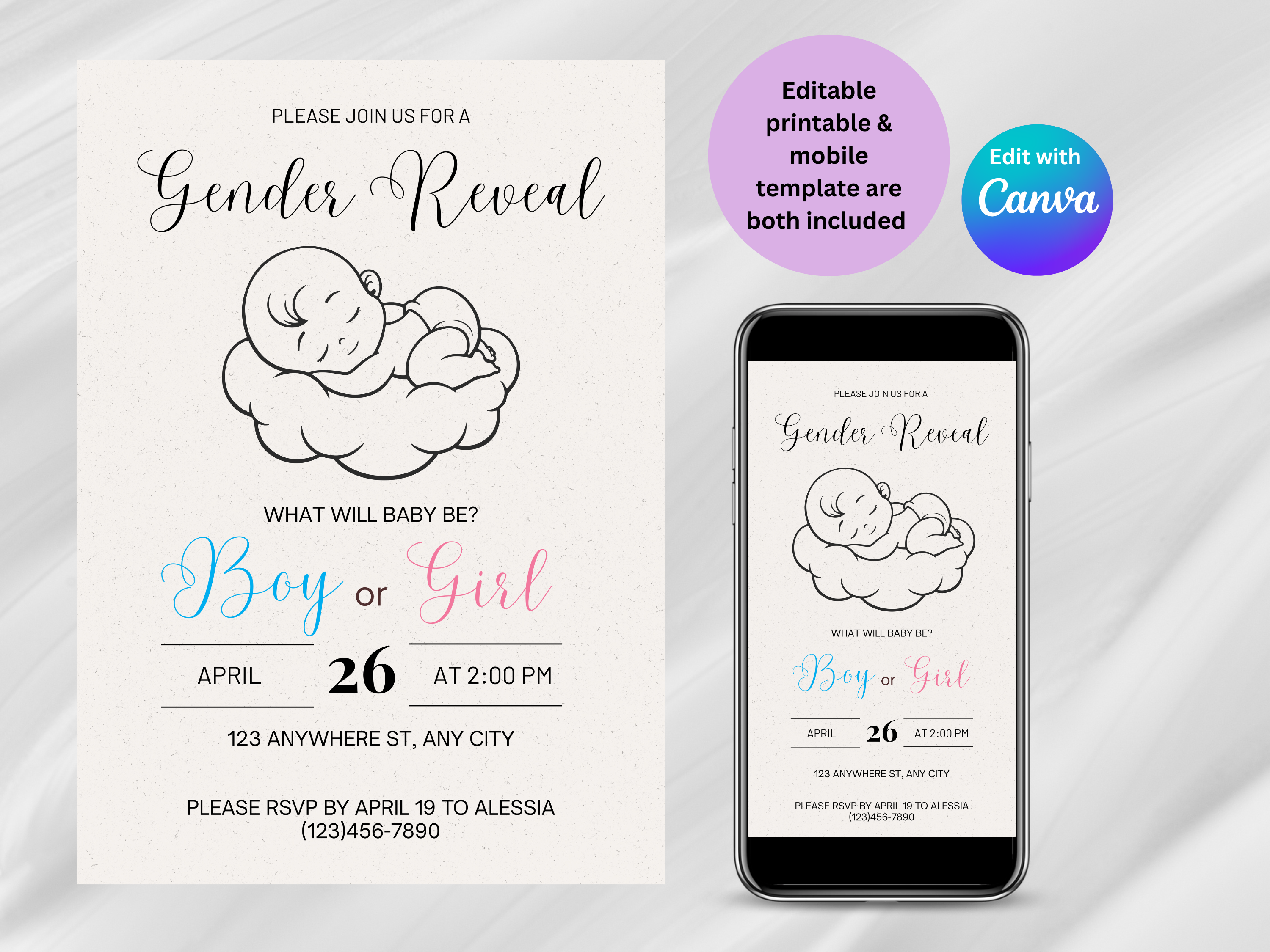 gender reveal invitation printable and on a mobile device