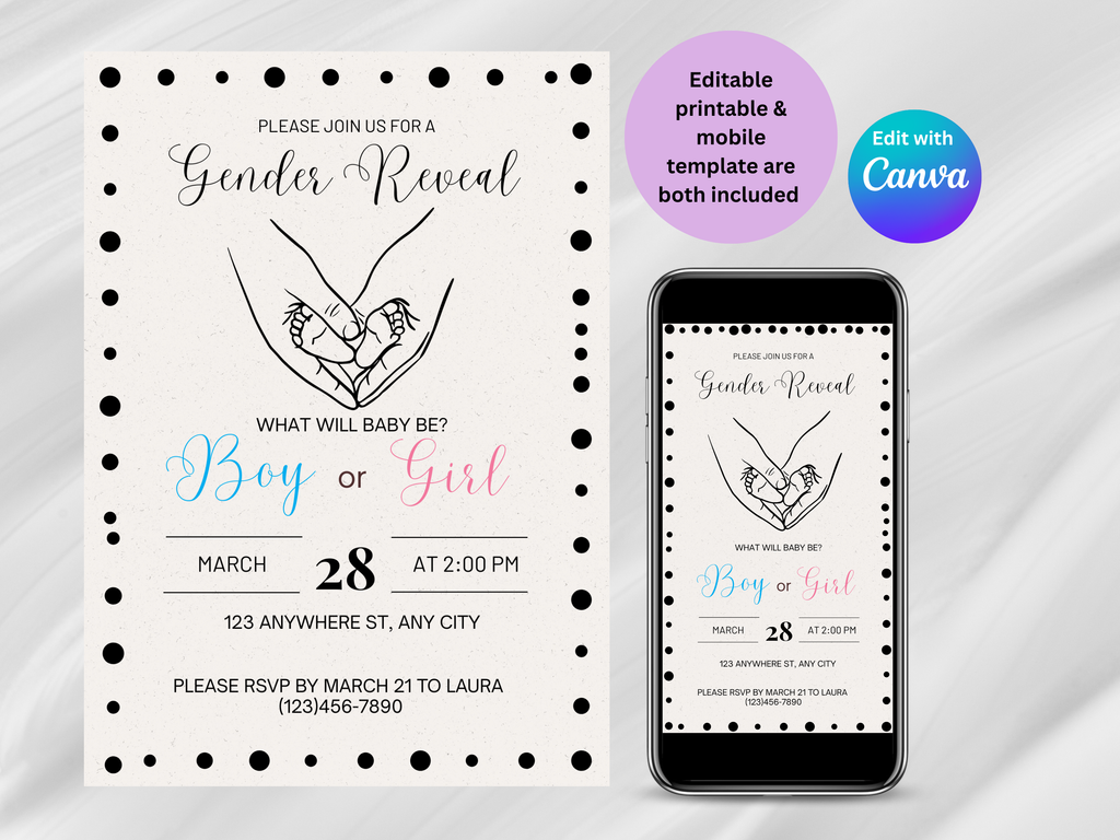 Gender reveal invitation card with smartphone displaying the same design on a white background