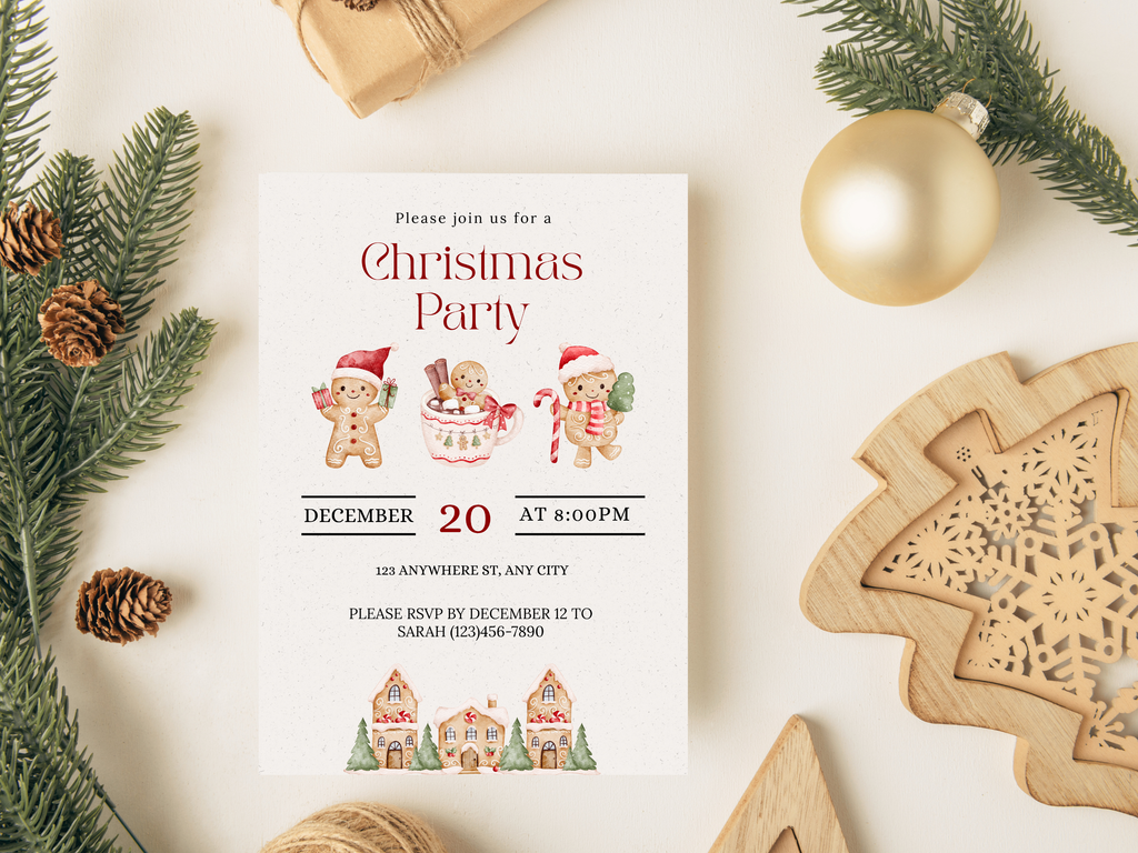 Christmas party invitation with festive decorations on a white surface
