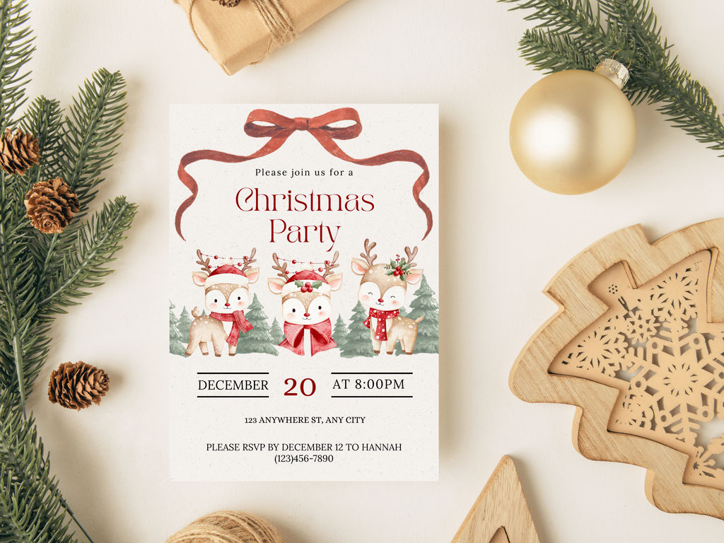 Christmas party invitation with reindeer and snowflakes surrounded by festive decorations on a white surface.