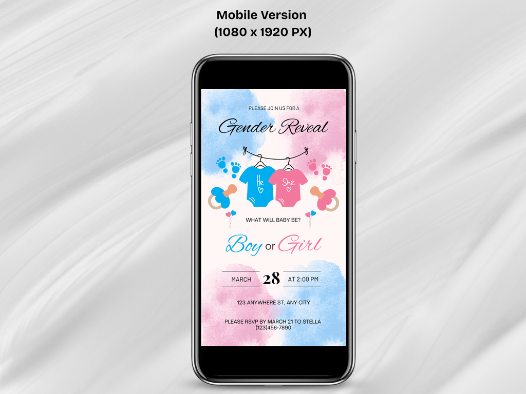 Phone displaying a gender reveal invitation on a white background