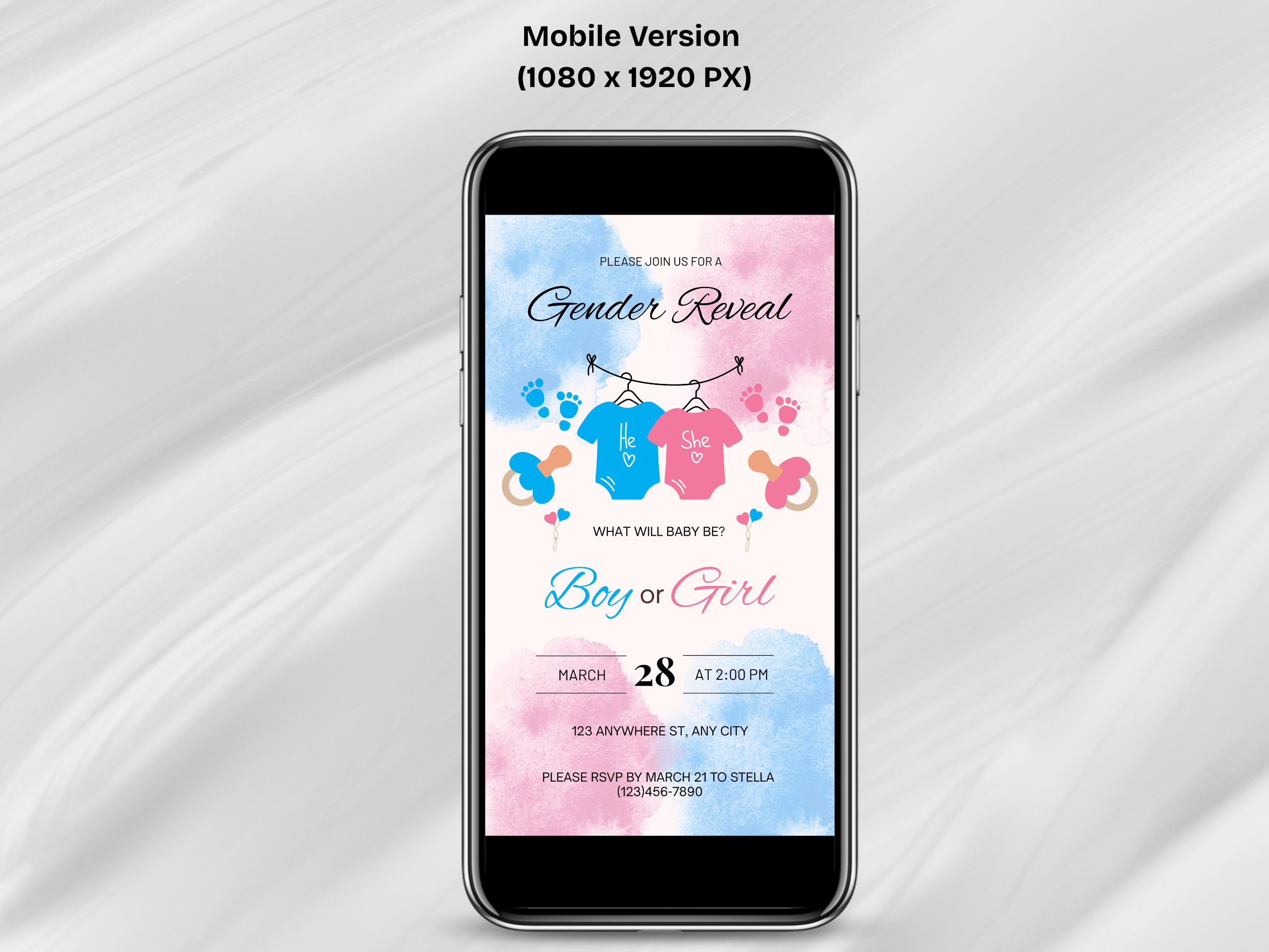 Phone displaying a gender reveal invitation on a white background
