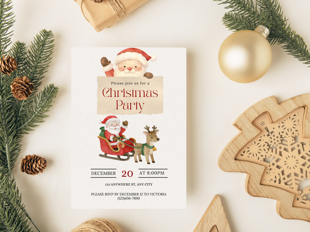Christmas party invitation with Santa Claus and reindeer on a white background with festive decorations.