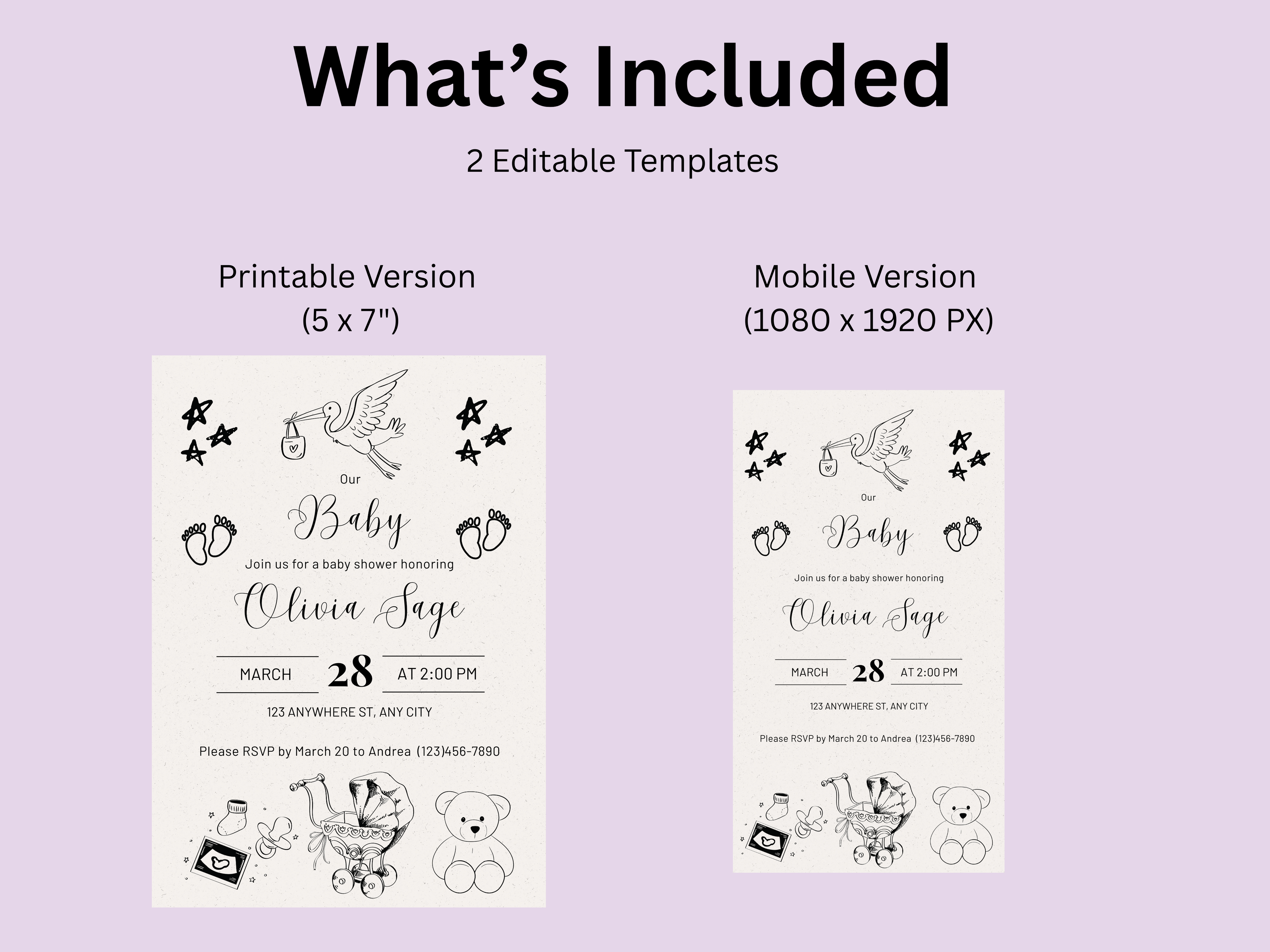 Hand-Drawn Theme Baby Shower Editable Digital Invitation (Printable & Mobile Versions included)