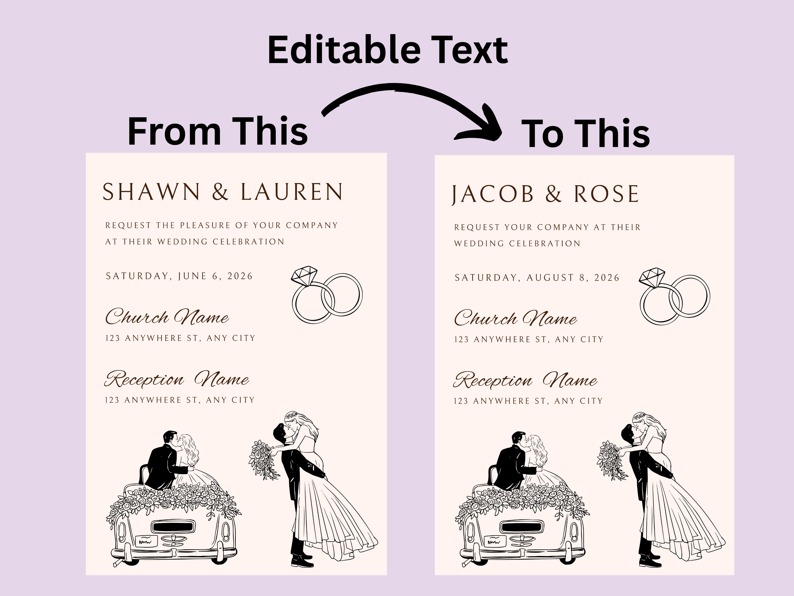 Wedding invitation card design with editable text on a purple background