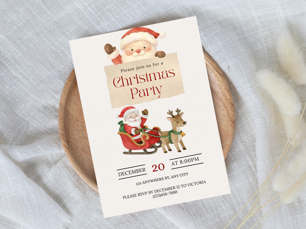Christmas party invitation with Santa Claus and reindeer on a white background