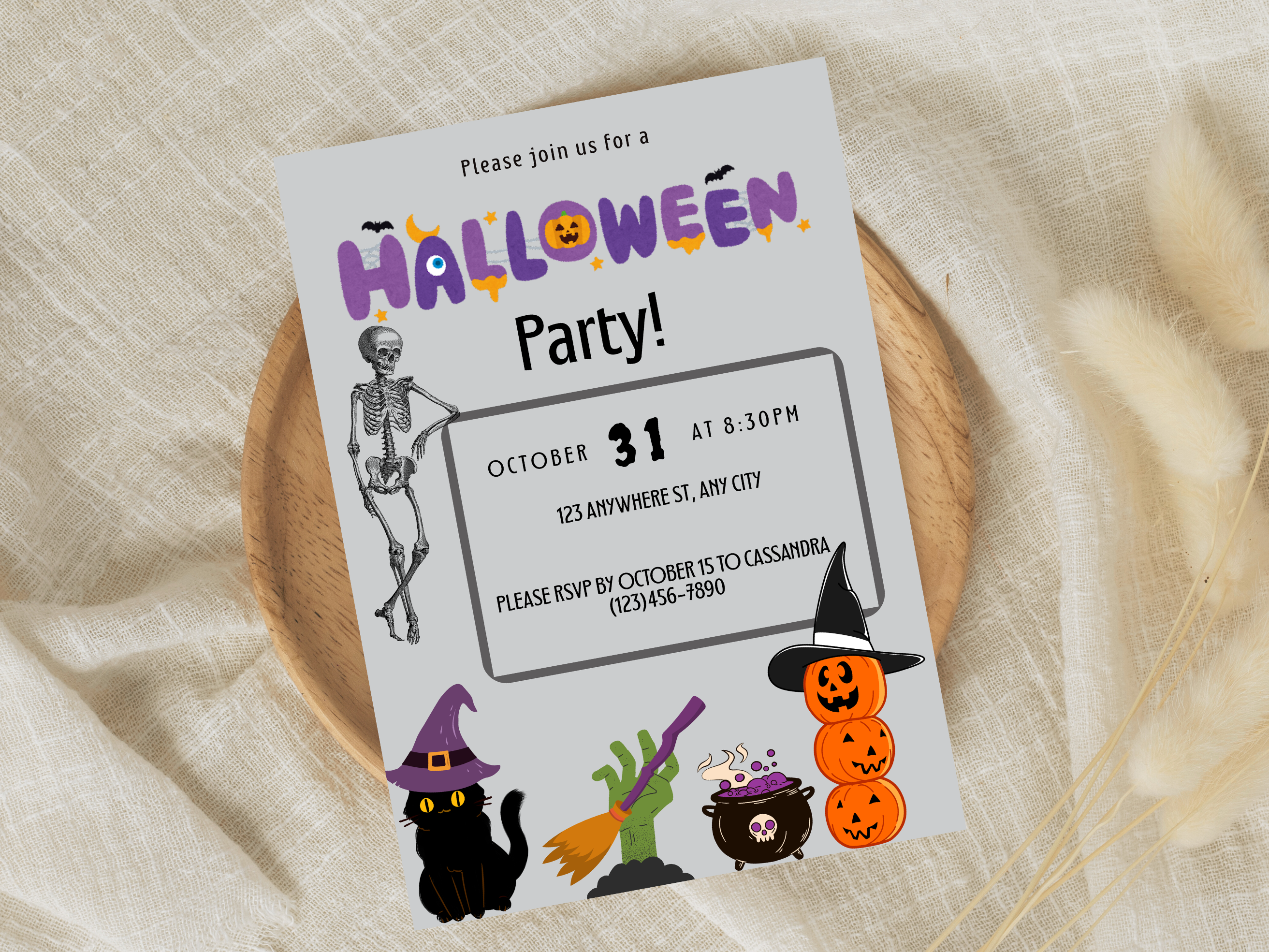 Halloween party invitation with cartoon characters on a beige fabric background