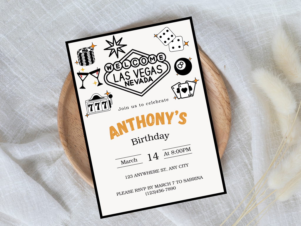Las Vegas-themed birthday party invitation on a textured surface
