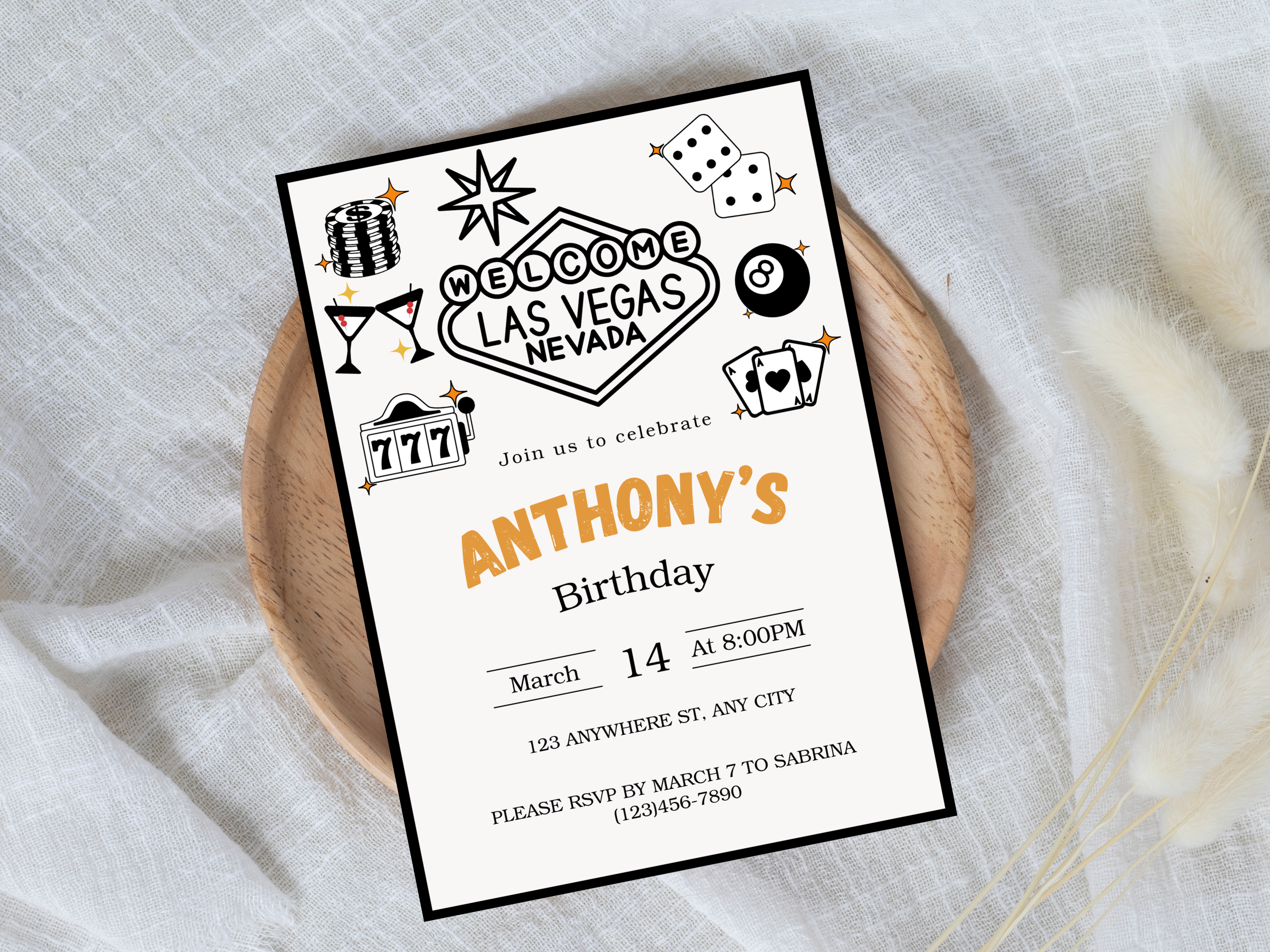Las Vegas-themed birthday party invitation on a textured surface