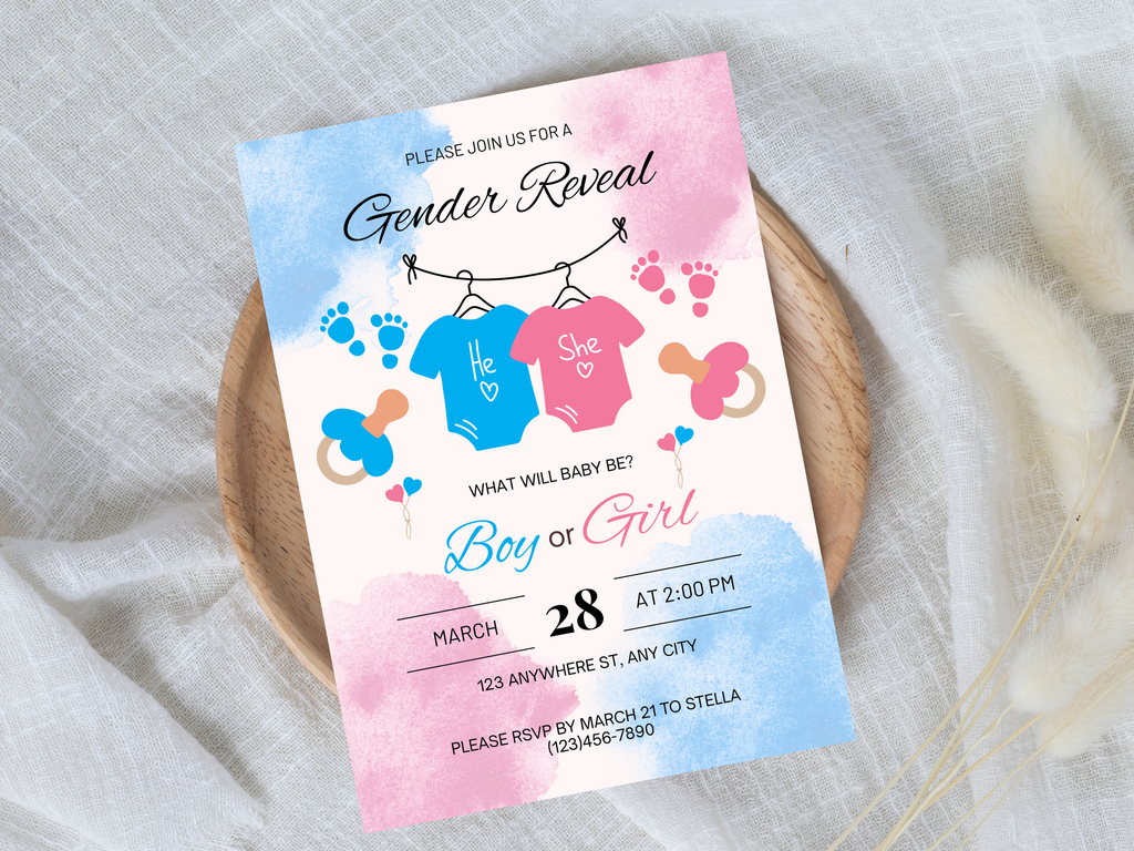 Baby gender reveal invitation. blue and pink paint splatter boy or girl