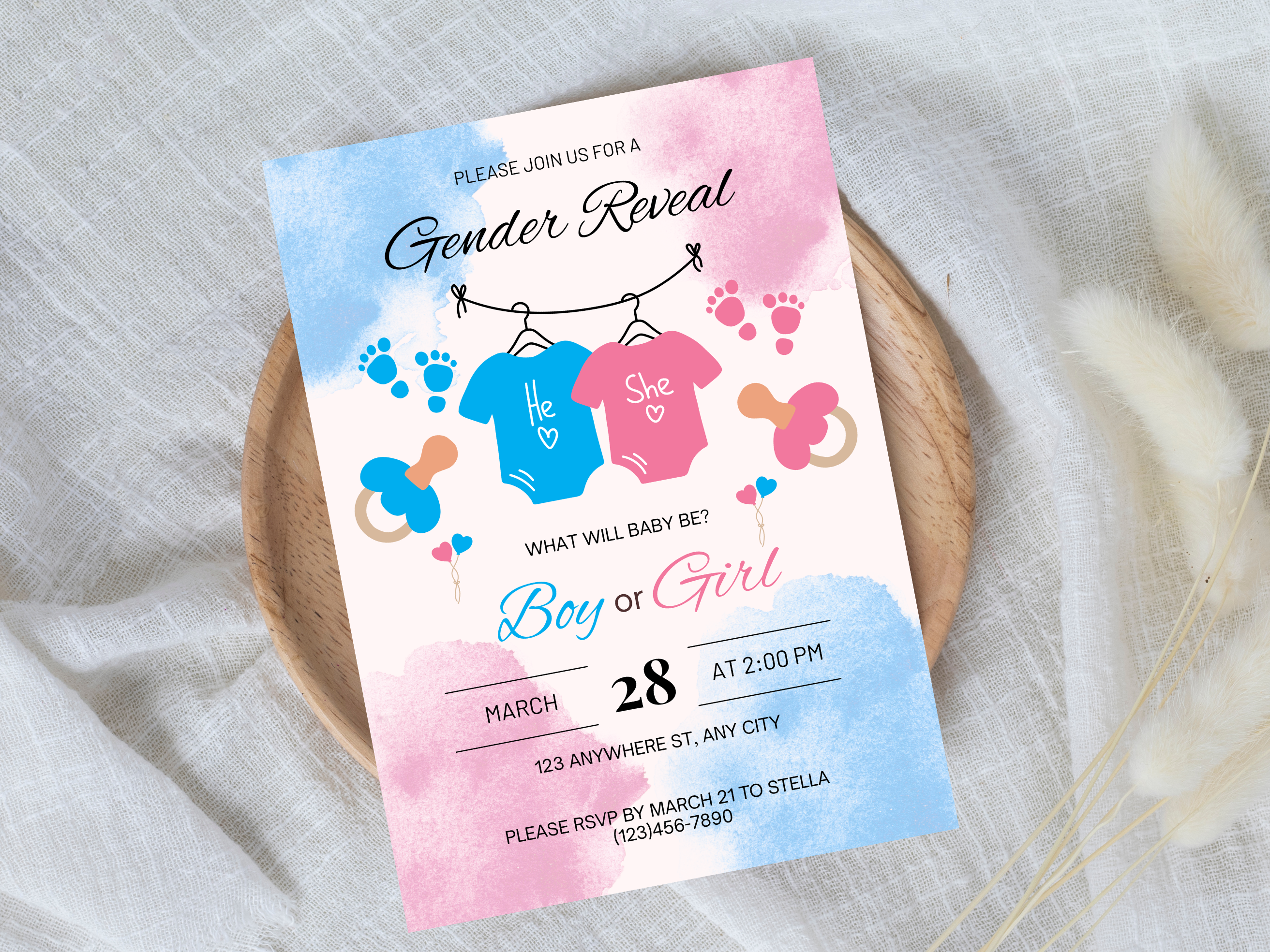 Baby gender reveal invitation. blue and pink paint splatter boy or girl
