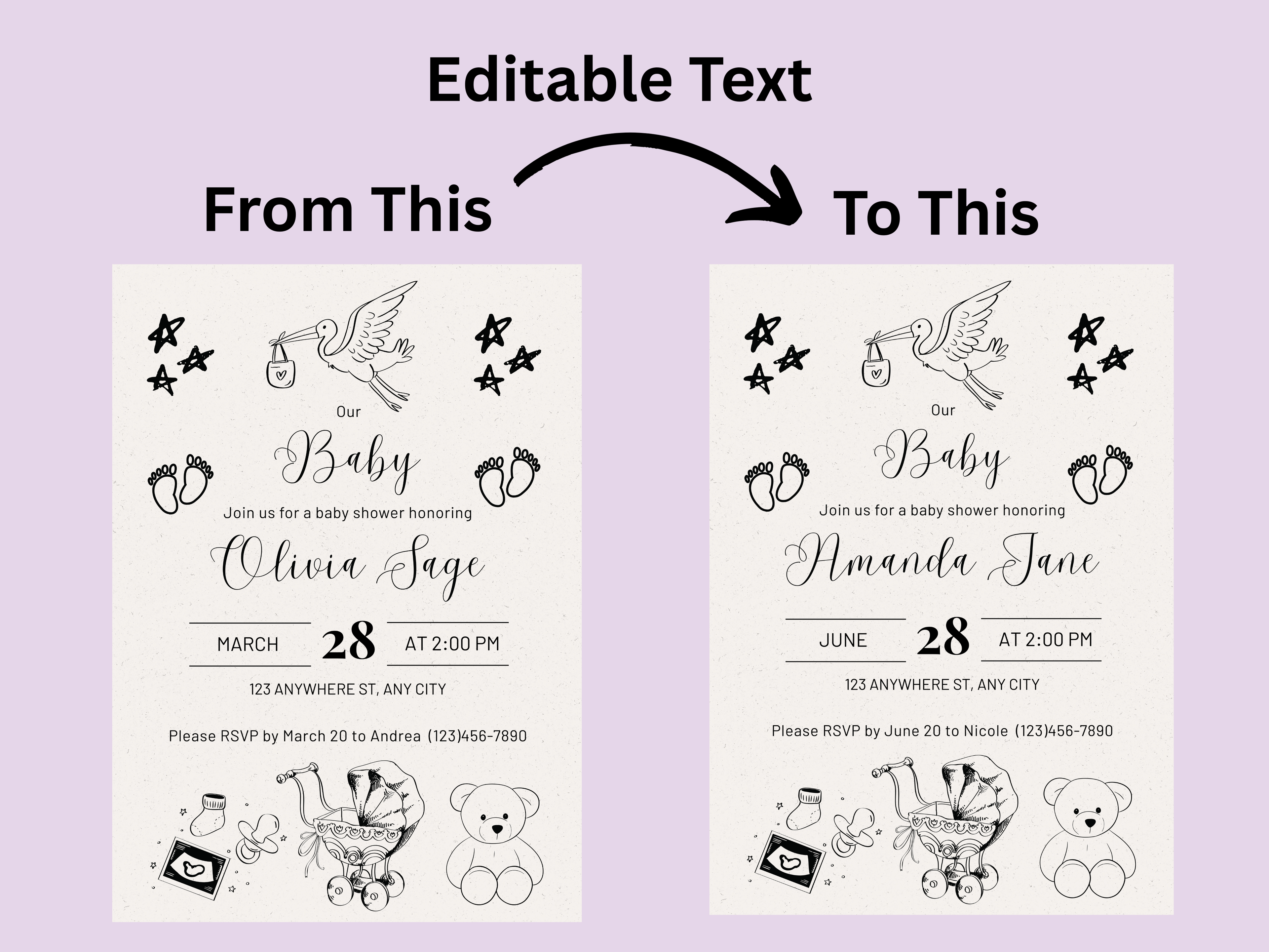 Hand-Drawn Theme Baby Shower Editable Digital Invitation (Printable & Mobile Versions included)
