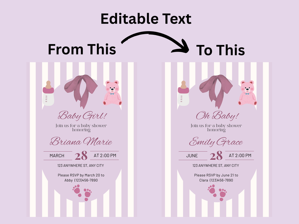 Baby shower invitation template with editable text on a purple background