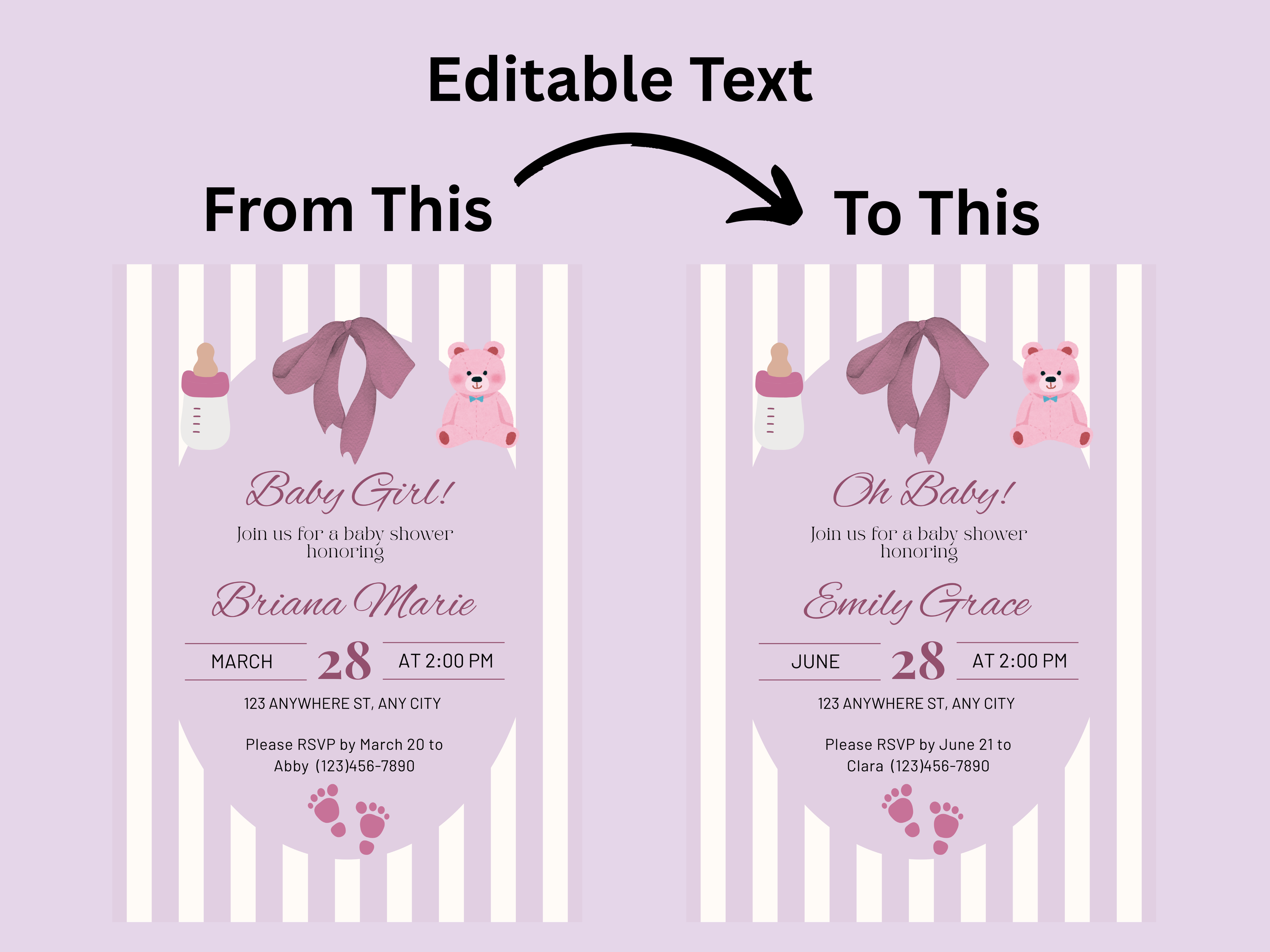 Baby shower invitation template with editable text on a purple background