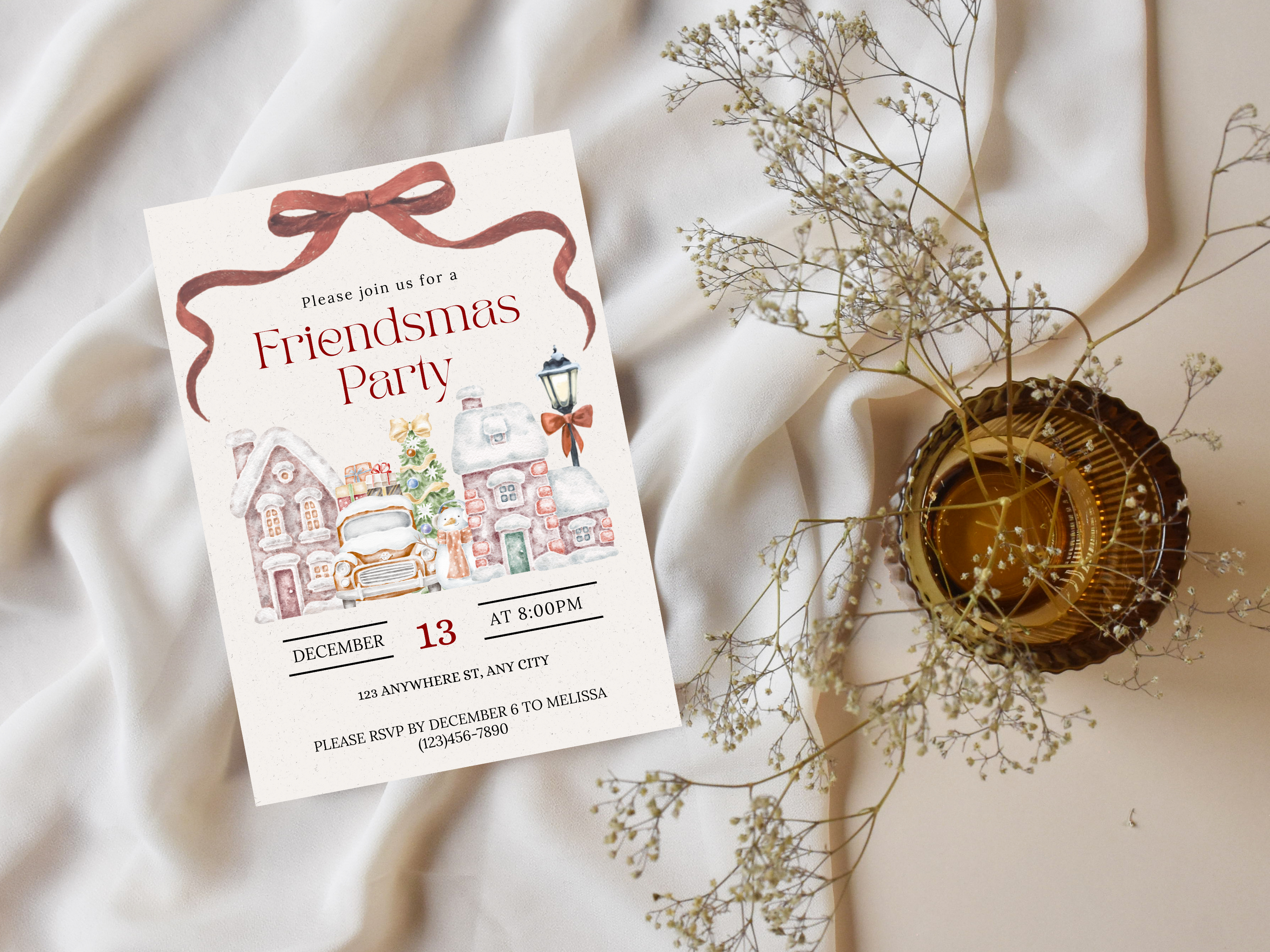 Christmas invitation, Friendsmas invitation, Winter wonderland, Santa Village