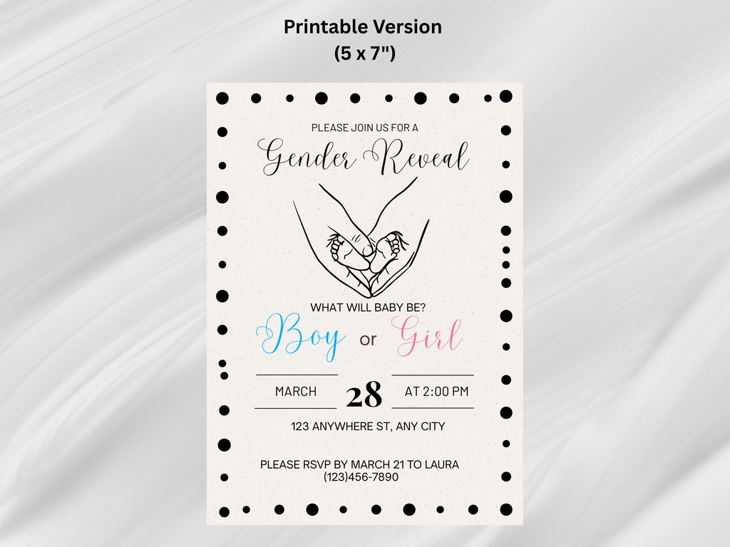 Gender reveal invitation card with text and polka dot border on a white background