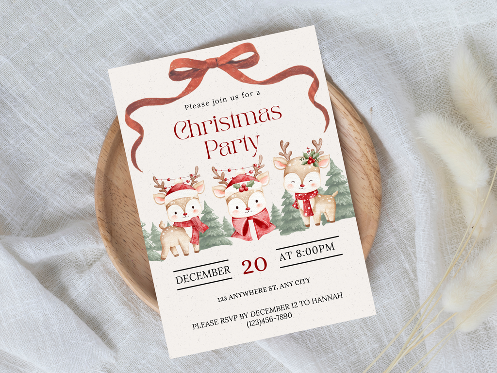 Christmas party invitation with reindeer and a bow on a white surface