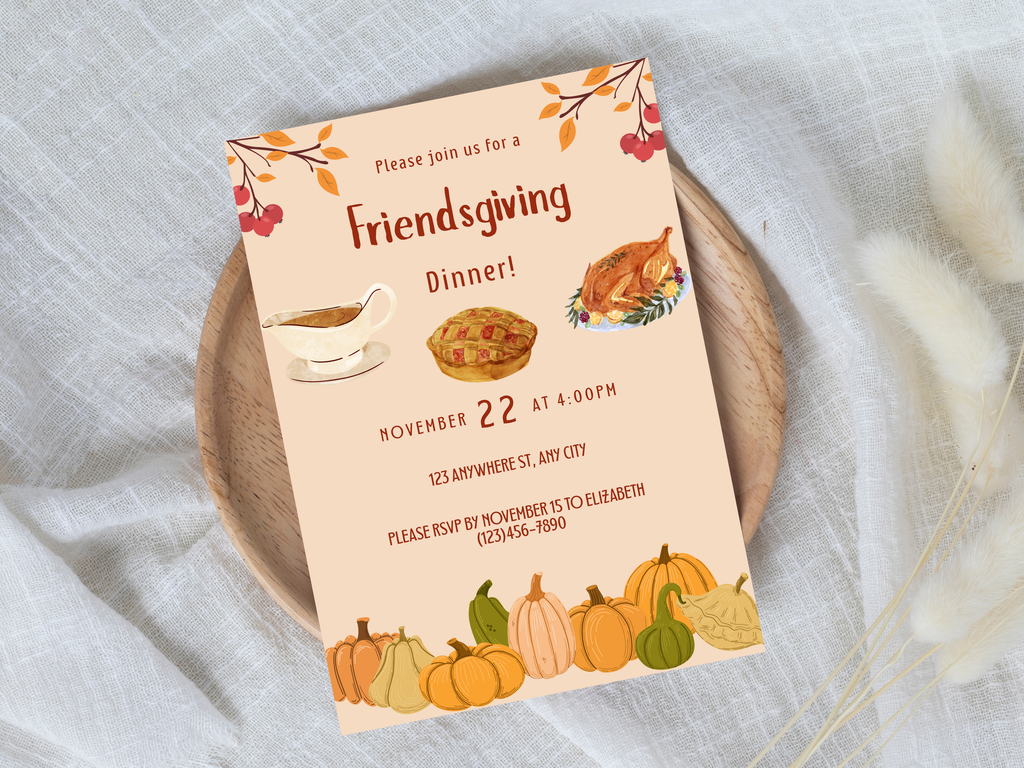 Friendsgiving dinner invitation with pumpkins and a turkey on a white fabric background
