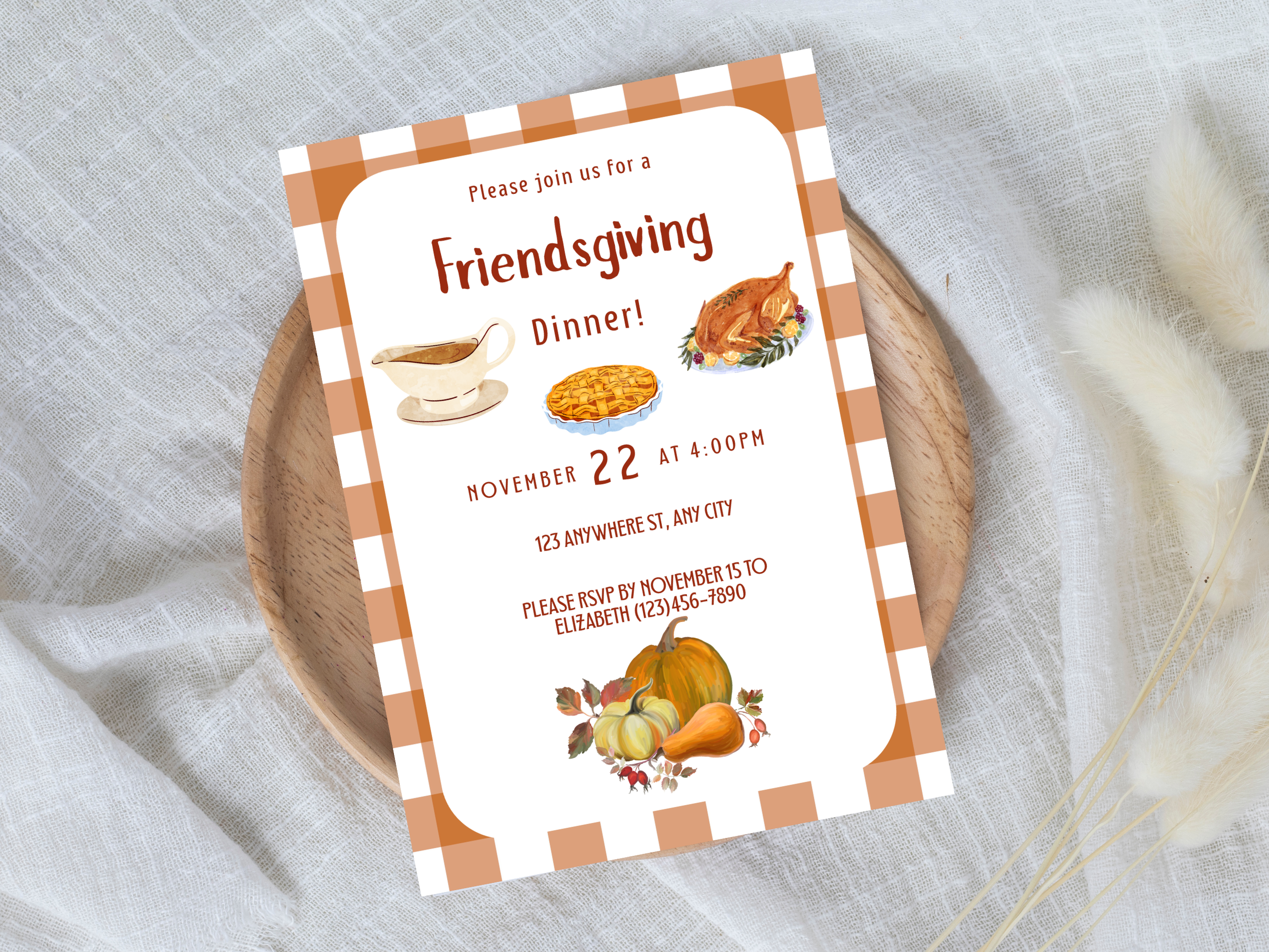 Gingham Pattern Friendsgiving Dinner Digital Invitation (Printable & Mobile versions included)