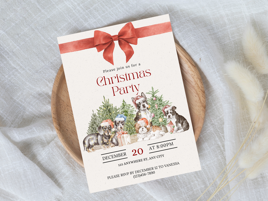 Christmas party invitation with dogs and a bow on a textured surface
