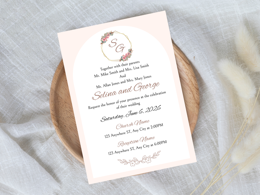 Wedding invitation card on a wooden plate with a soft background