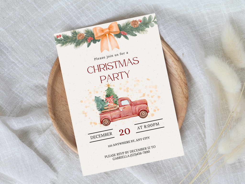 Christmas party invitation with a red truck and bow on a white background