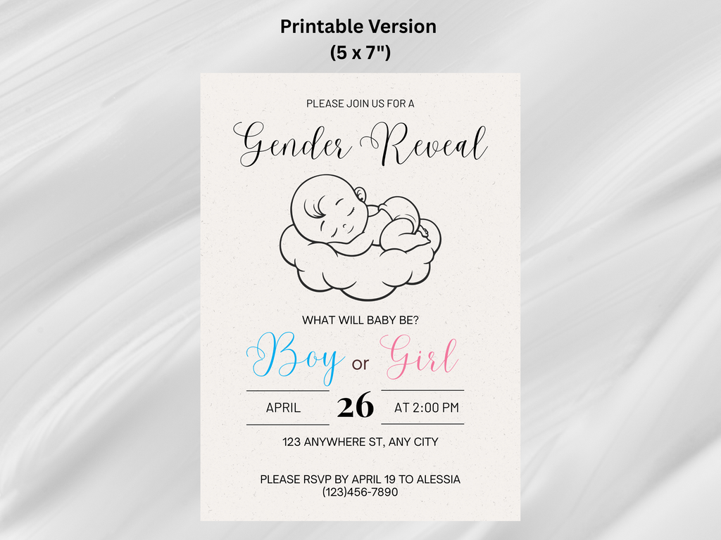 Hand-Drawn Baby Gender Reveal Editable Digital Invitation (Printable & Mobile versions included)