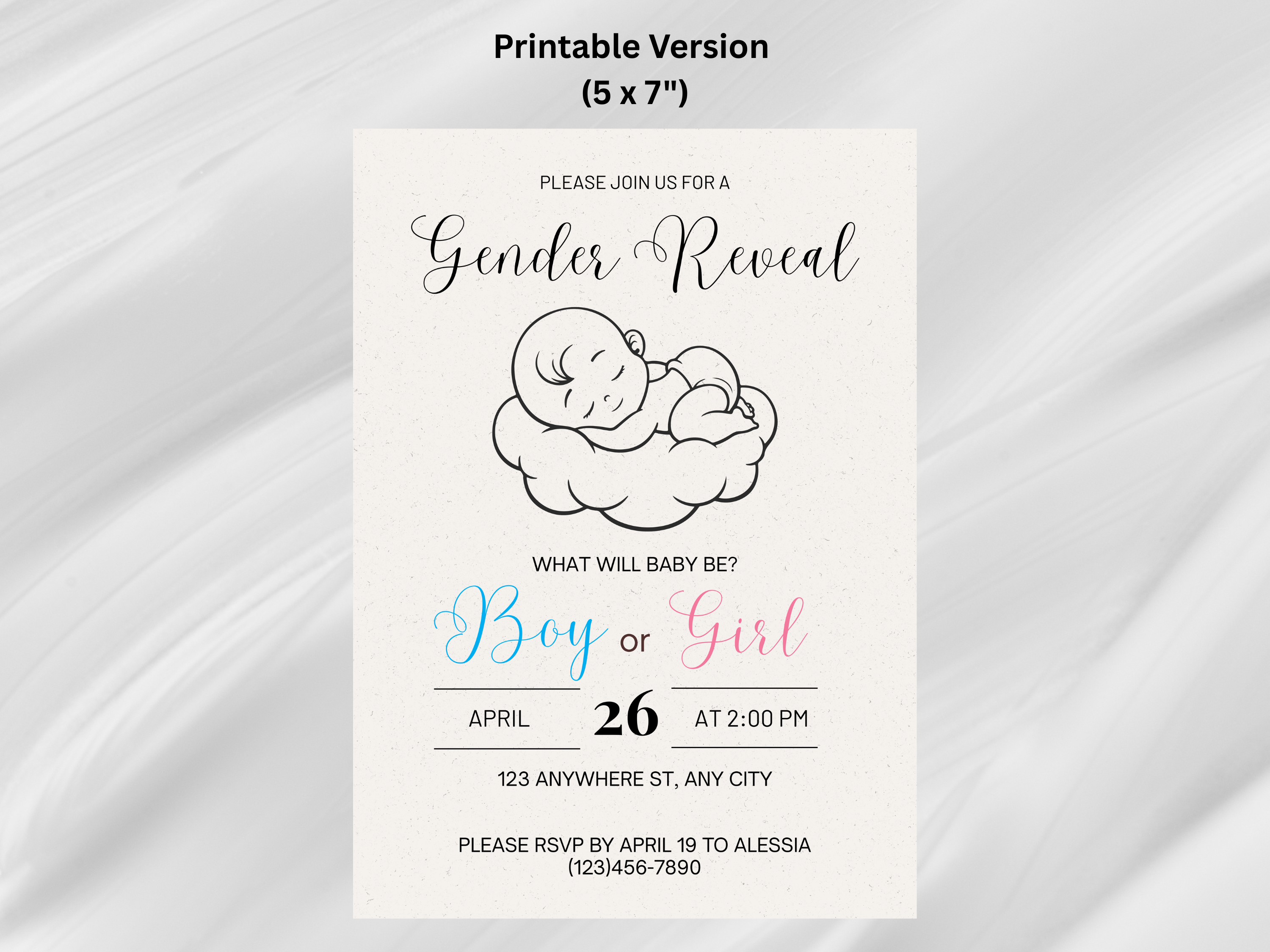 Hand-Drawn Baby Gender Reveal Editable Digital Invitation (Printable & Mobile versions included)