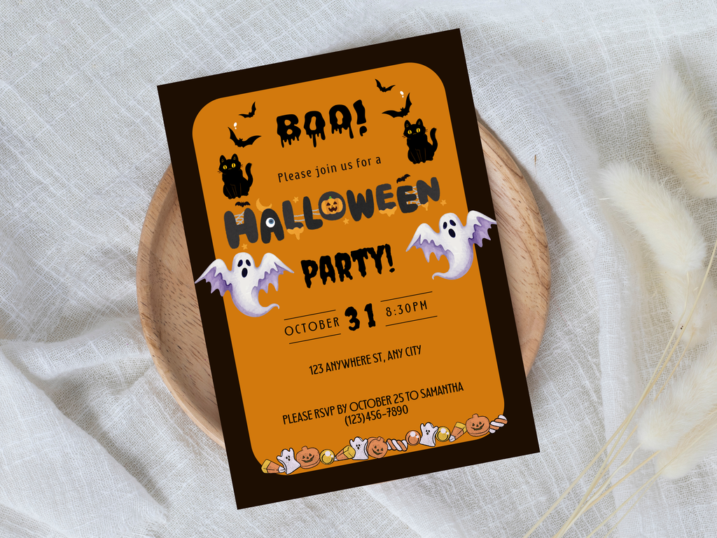 Halloween party invitation with ghosts, bats, and pumpkins on an orange background.