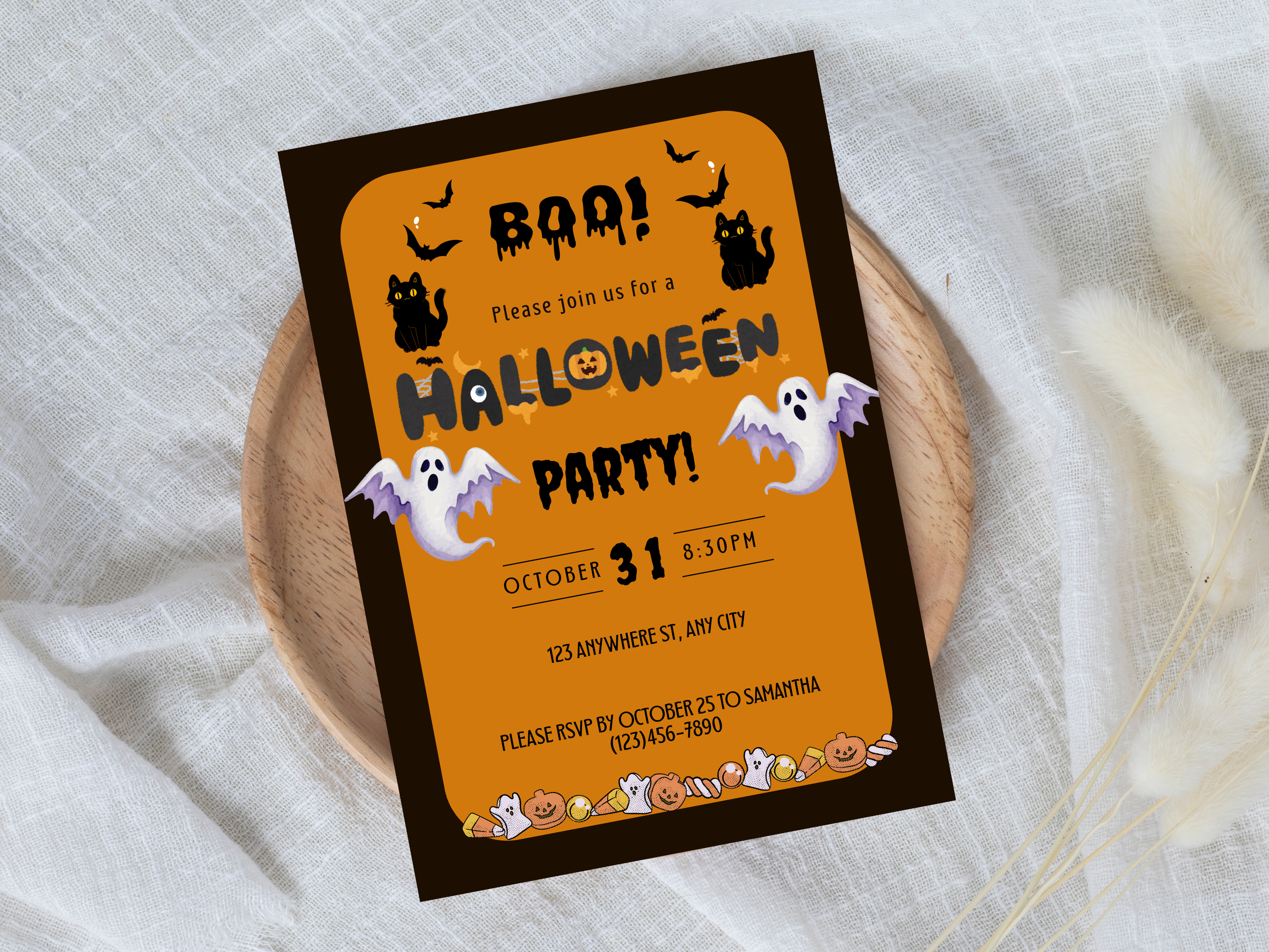 Halloween party invitation with ghosts, bats, and pumpkins on an orange background.