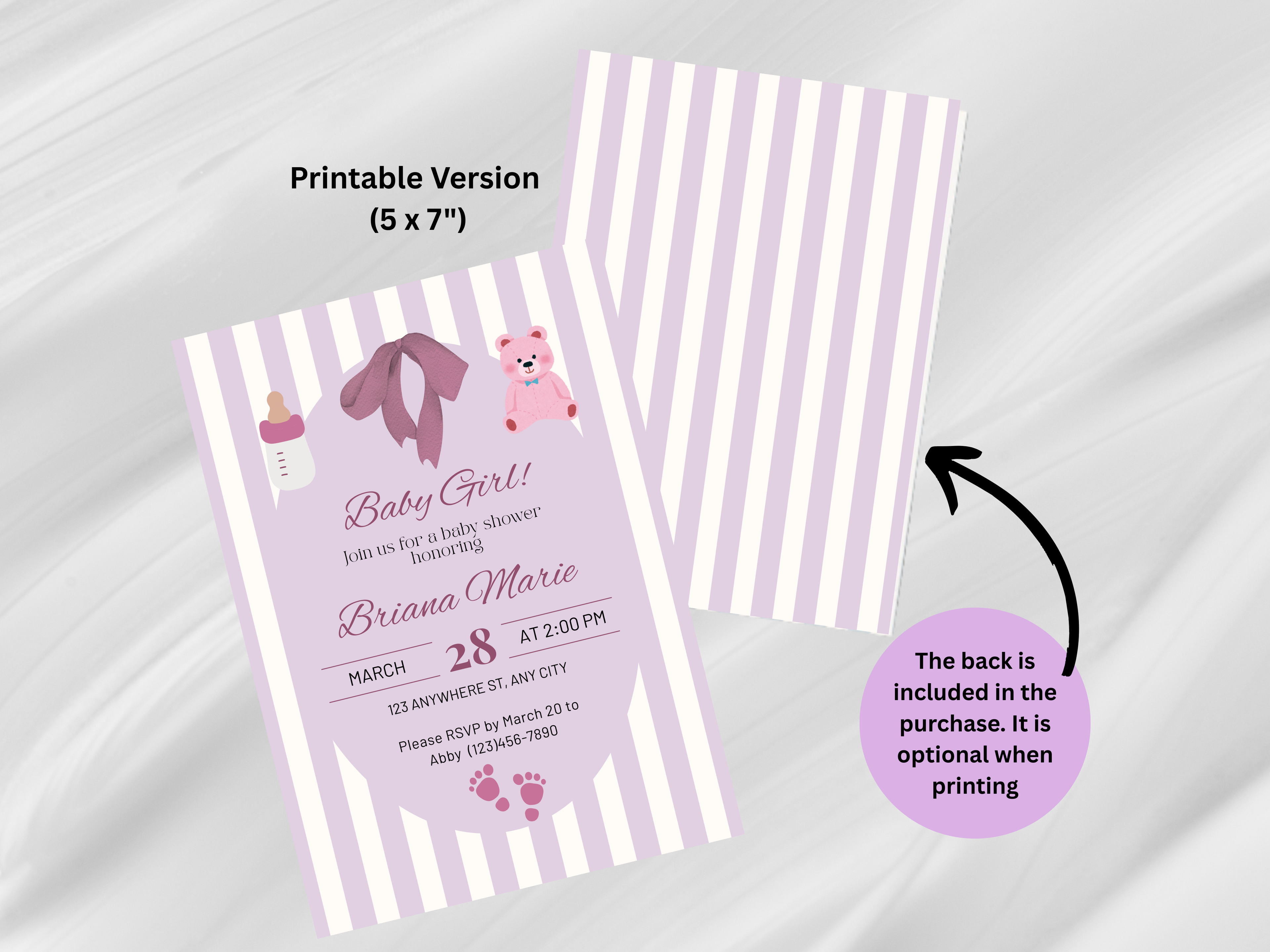 Baby shower invitation with pink and purple design on a white background
