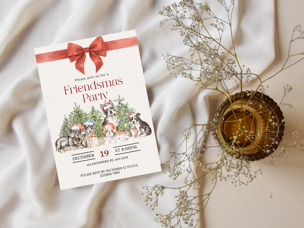 Friendsmas Party invitation with decorative elements on a soft fabric background