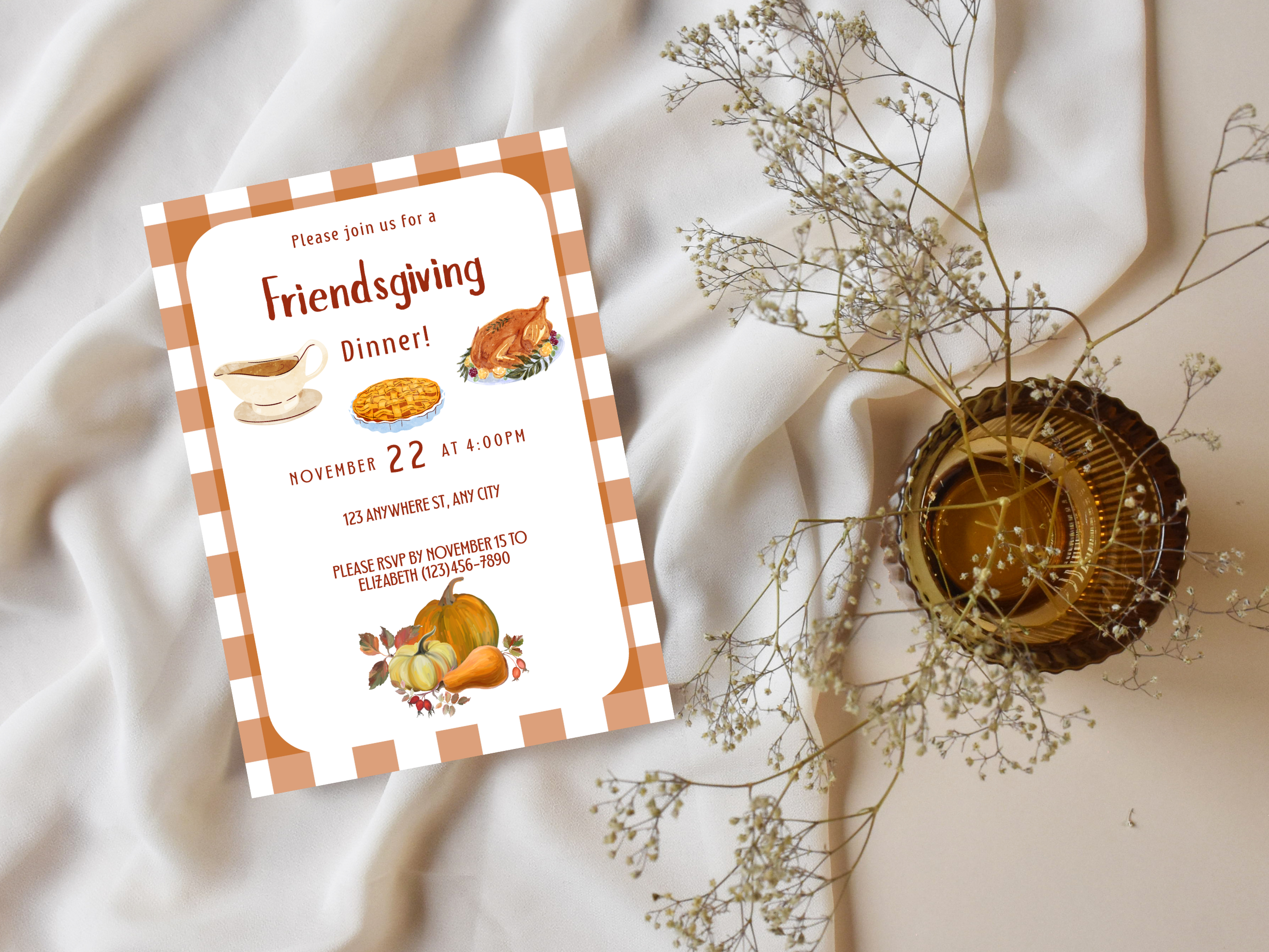 Gingham Pattern Friendsgiving Dinner Digital Invitation (Printable & Mobile versions included)