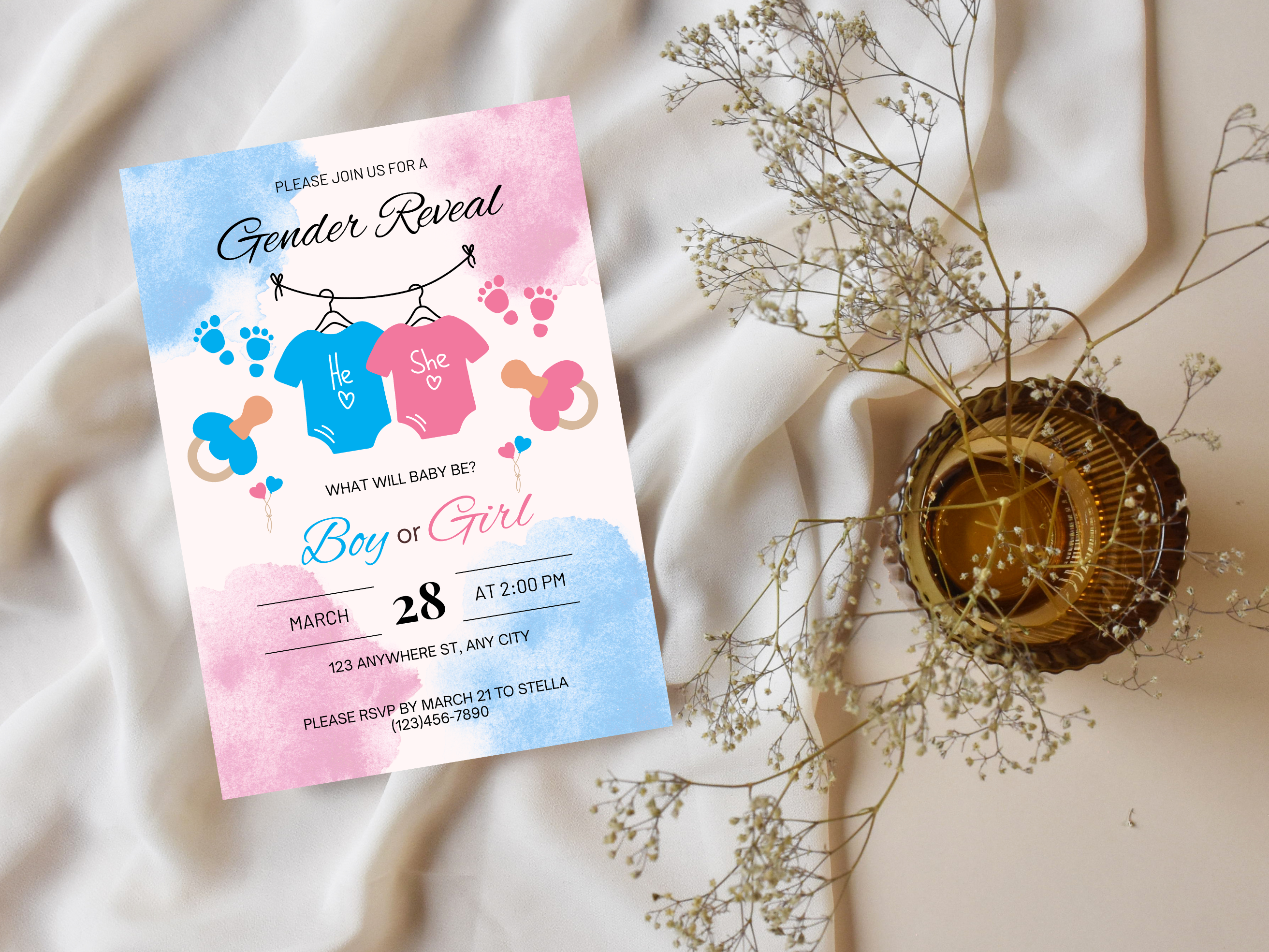 Baby gender reveal invitation. blue and pink paint splatter boy or girl